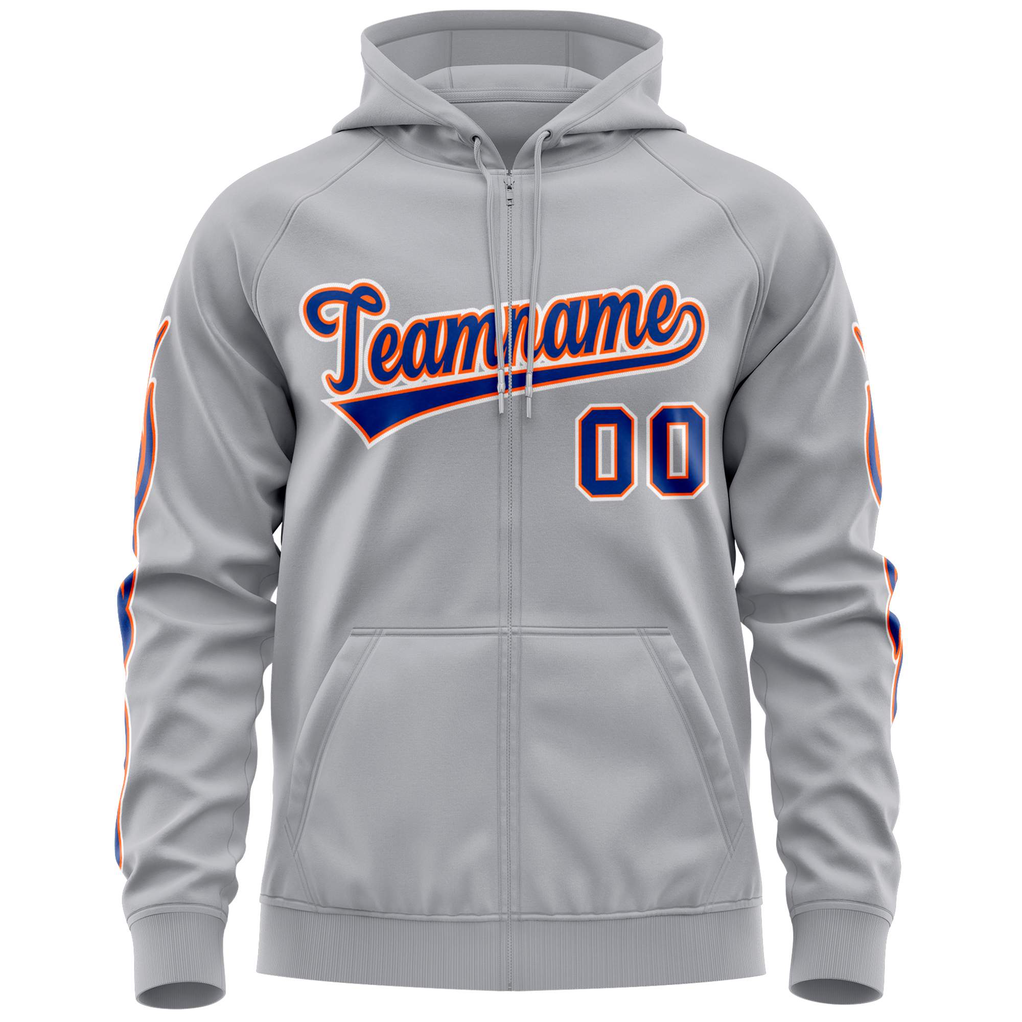 Custom Stitched Gray Royal Sports Full-Zip Sweatshirt Hoodie with Flame