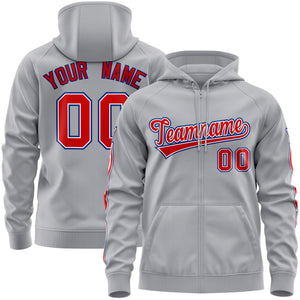 Custom Stitched Gray Red Sports Full-Zip Sweatshirt Hoodie with Flame