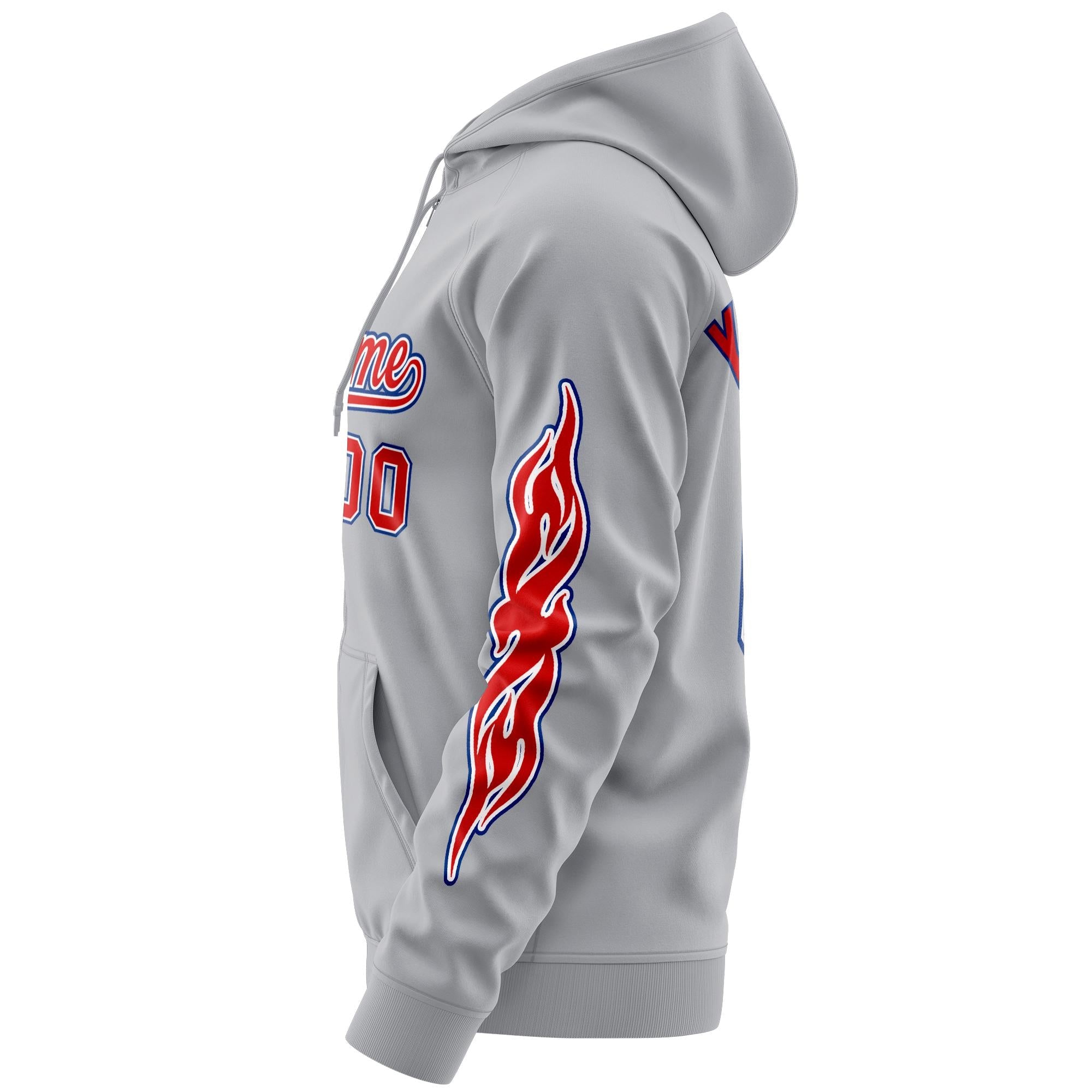 Custom Stitched Gray Red Sports Full-Zip Sweatshirt Hoodie with Flame