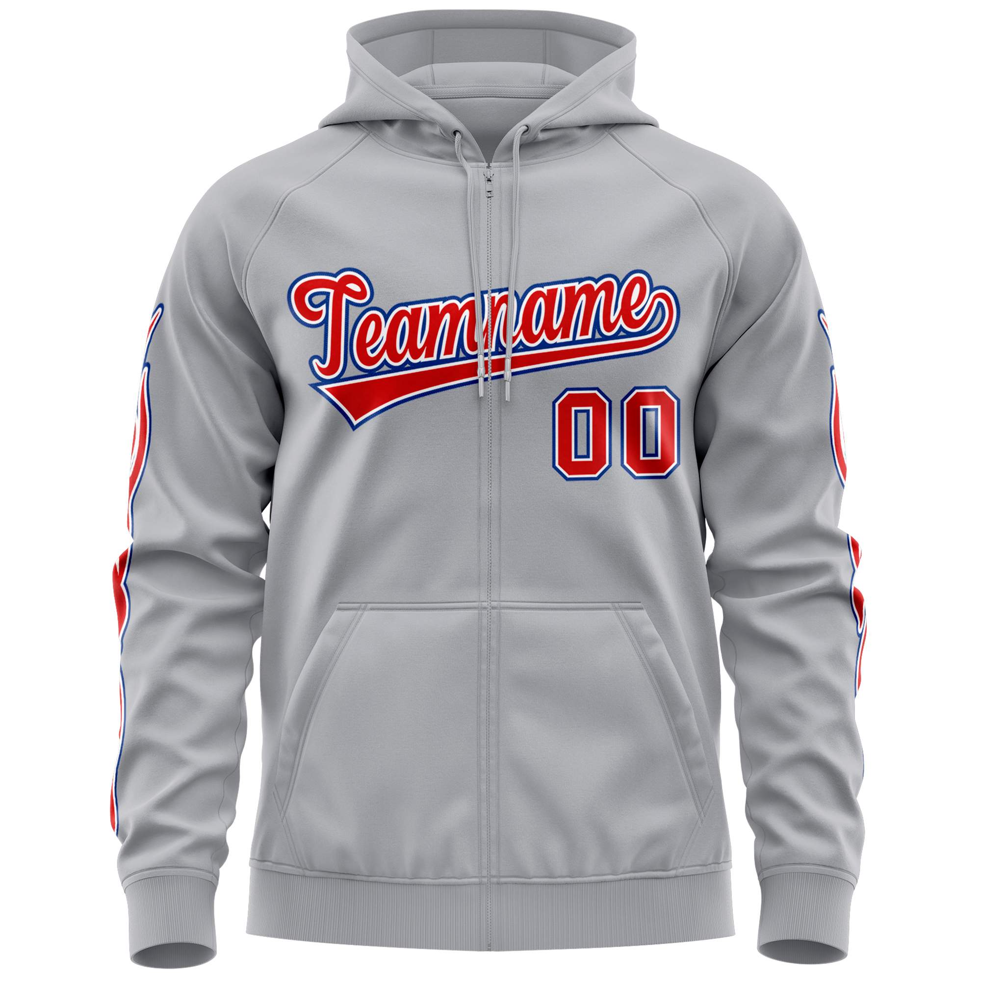 Custom Stitched Gray Red Sports Full-Zip Sweatshirt Hoodie with Flame