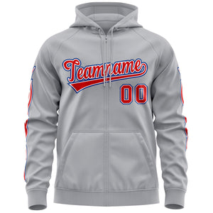 Custom Stitched Gray Red Sports Full-Zip Sweatshirt Hoodie with Flame