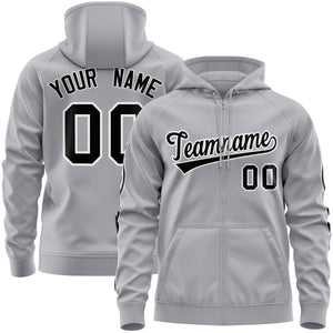 Custom Stitched Gray Black Sports Full-Zip Sweatshirt Hoodie with Flame