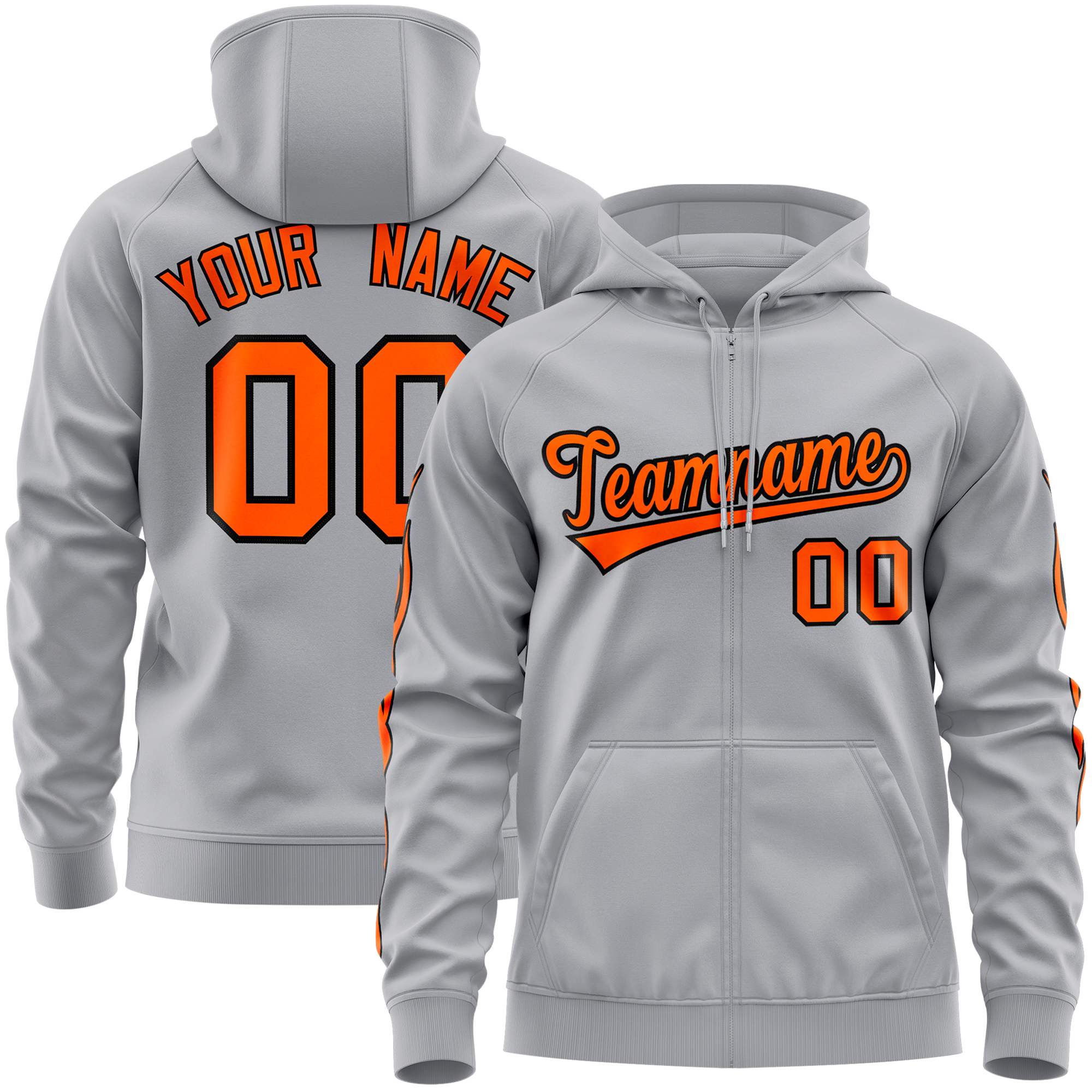 Custom Stitched Gray Orange Sports Full-Zip Sweatshirt Hoodie with Flame