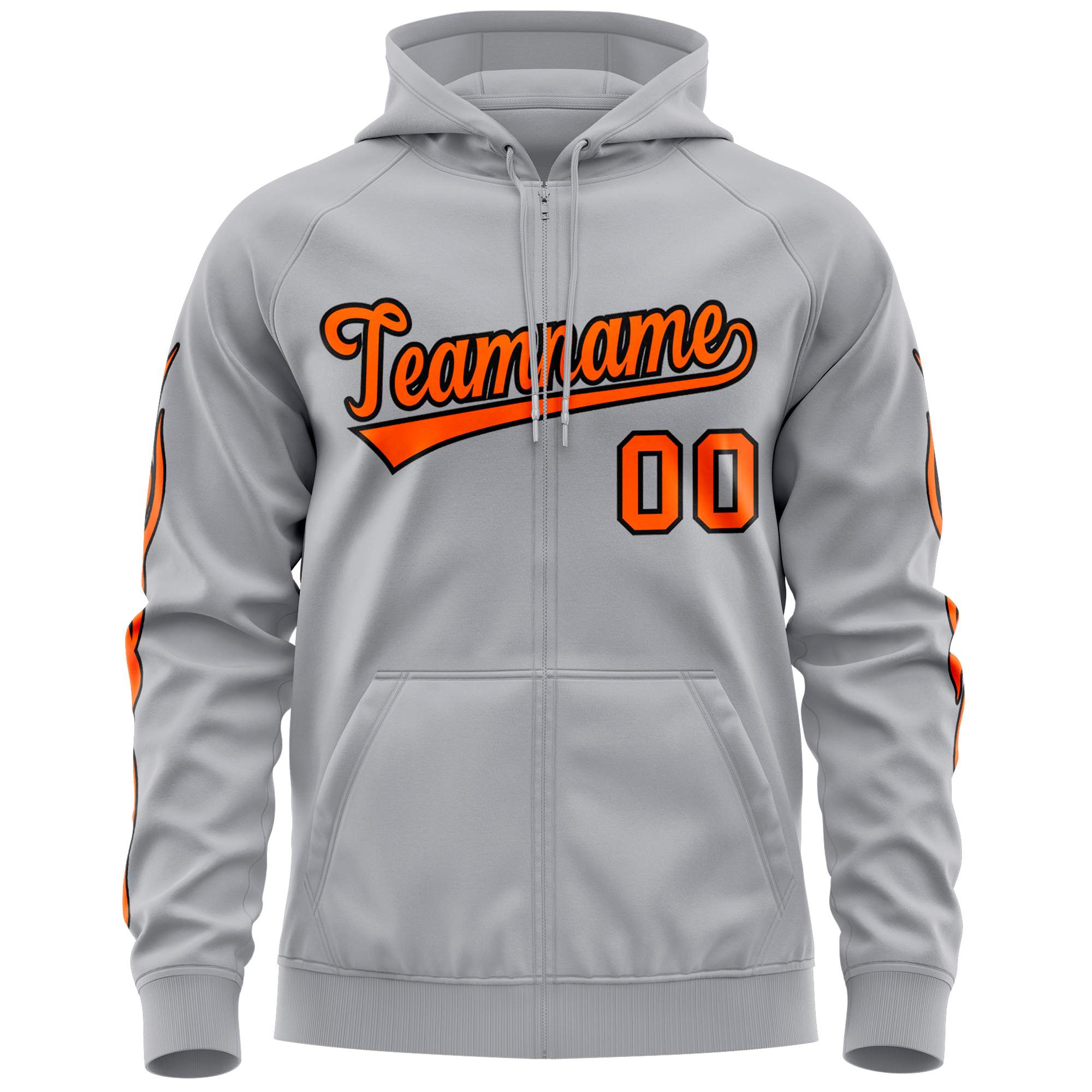 Custom Stitched Gray Orange Sports Full-Zip Sweatshirt Hoodie with Flame