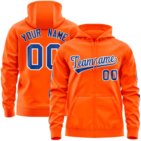 Custom Stitched Orange Royal Sports Full-Zip Sweatshirt Hoodie with Flame