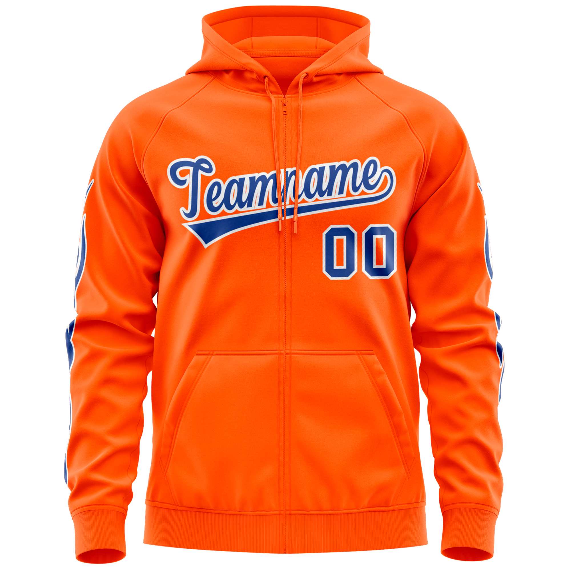 Custom Stitched Orange Royal Sports Full-Zip Sweatshirt Hoodie with Flame