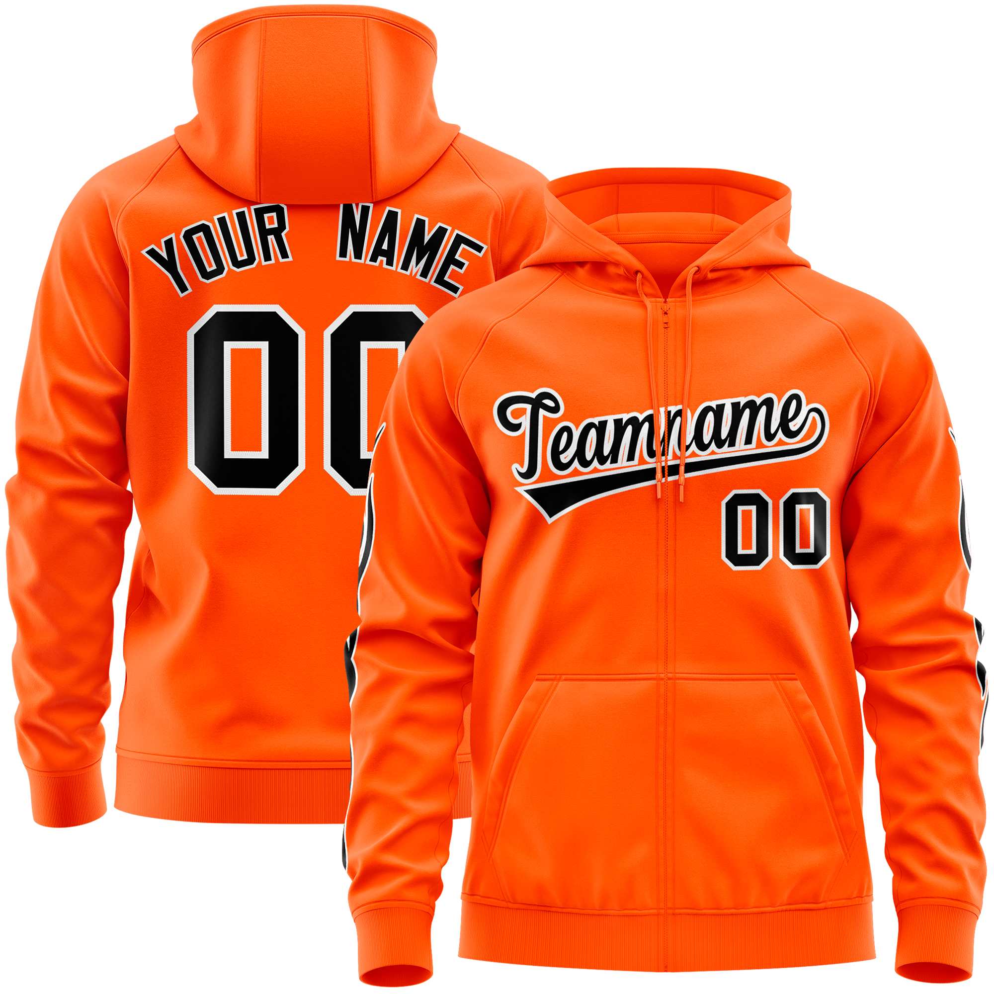 Custom Stitched Orange Black Sports Full-Zip Sweatshirt Hoodie with Flame