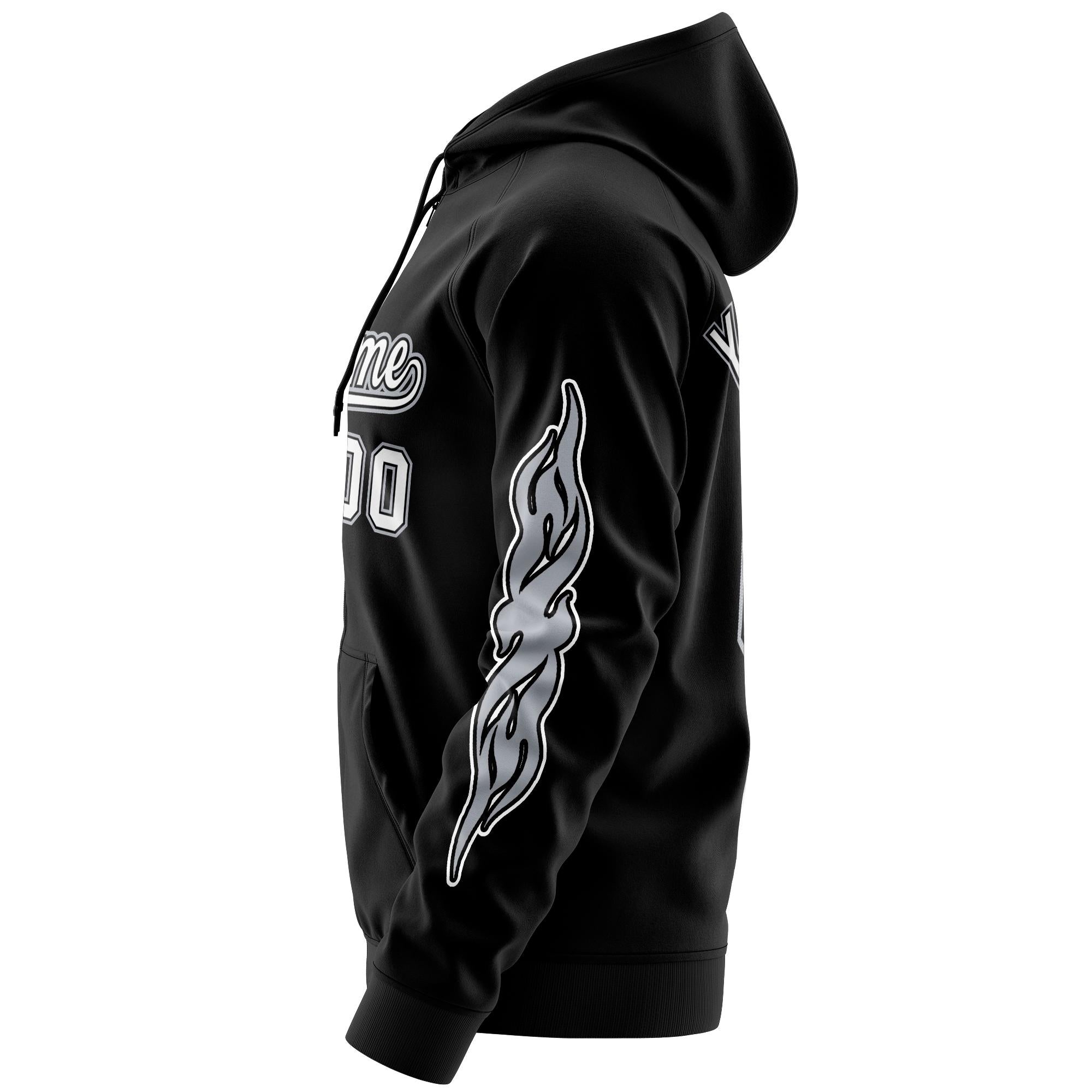 Custom Stitched Black White Sports Full-Zip Sweatshirt Hoodie with Flame