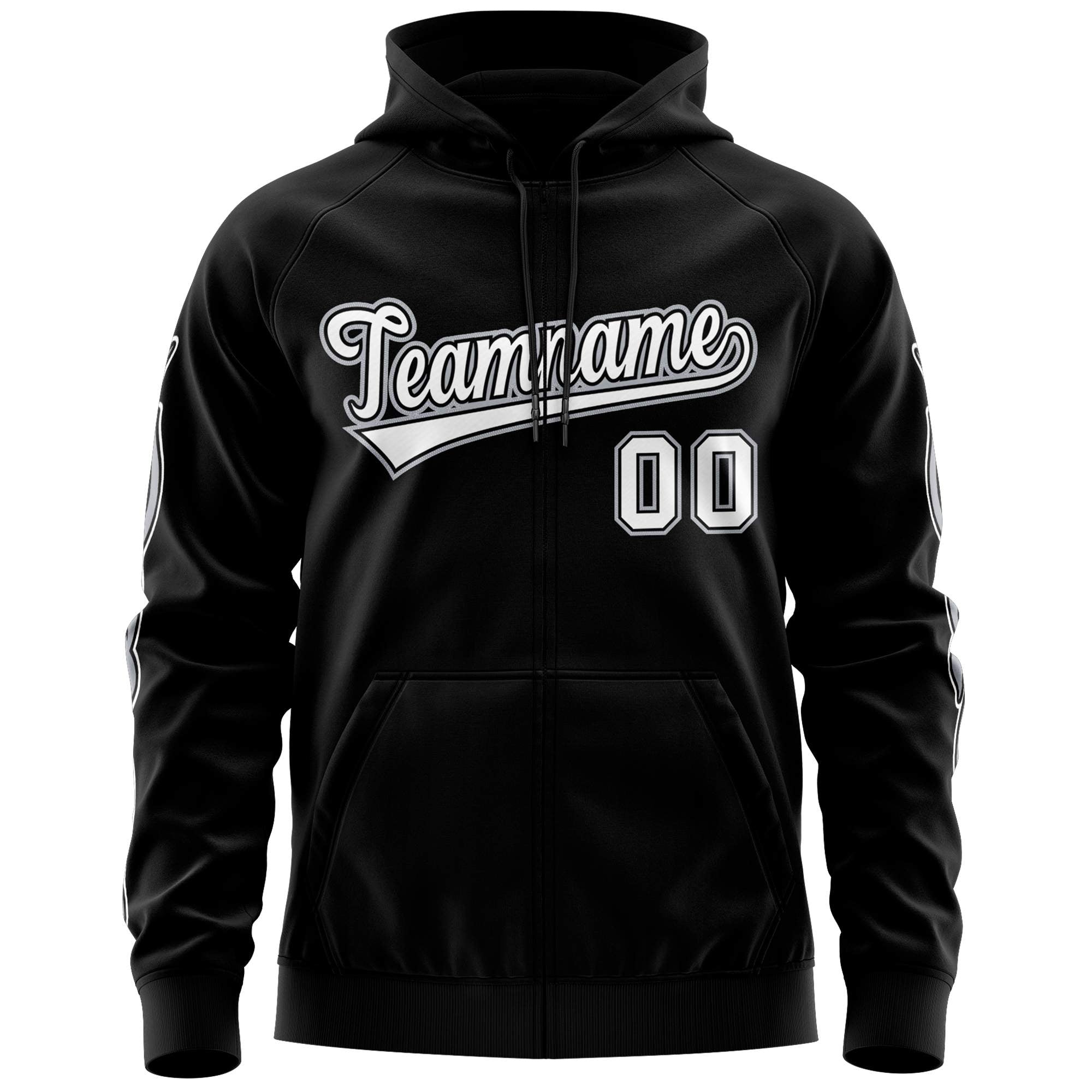 Custom Stitched Black White Sports Full-Zip Sweatshirt Hoodie with Flame