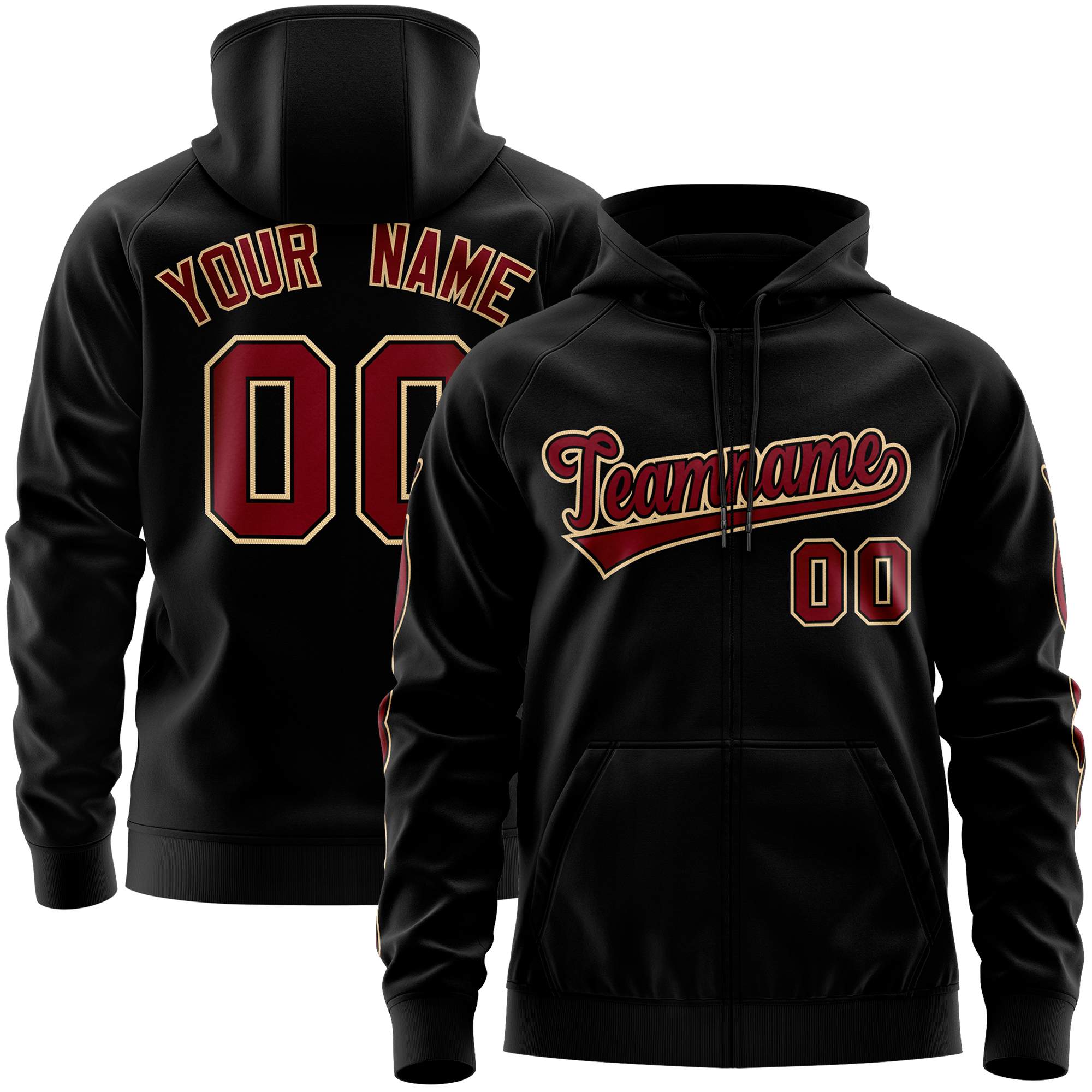 Custom Stitched Black Crimson Sports Full-Zip Sweatshirt Hoodie with Flame