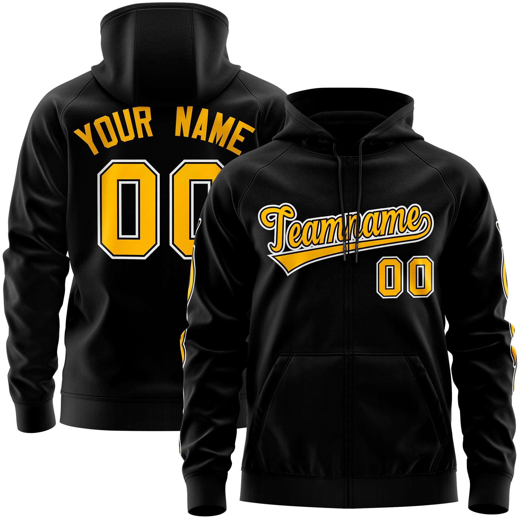 Custom Stitched Black Gold Sports Full-Zip Sweatshirt Hoodie with Flame