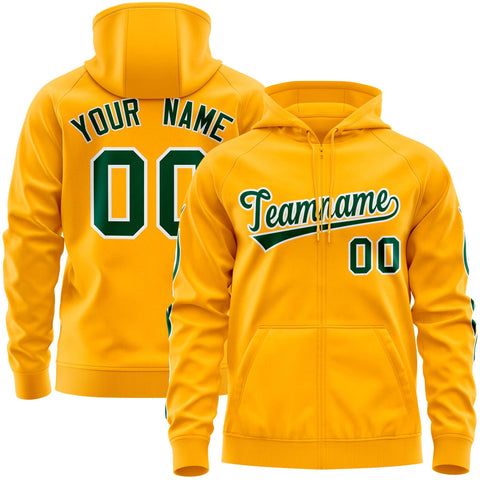 Custom Stitched Gold Green Sports Full-Zip Sweatshirt Hoodie with Flame