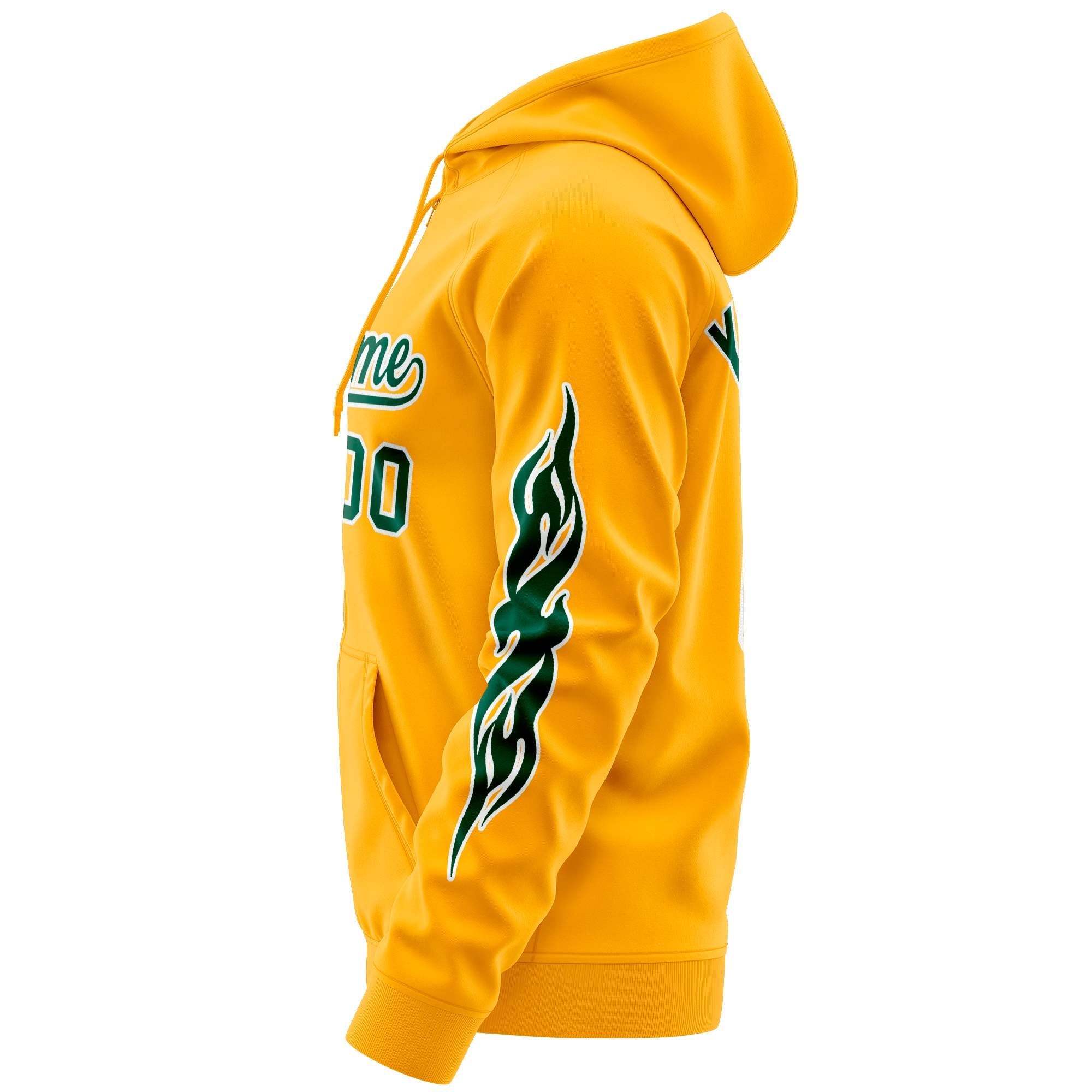 Custom Stitched Gold Green Sports Full-Zip Sweatshirt Hoodie with Flame