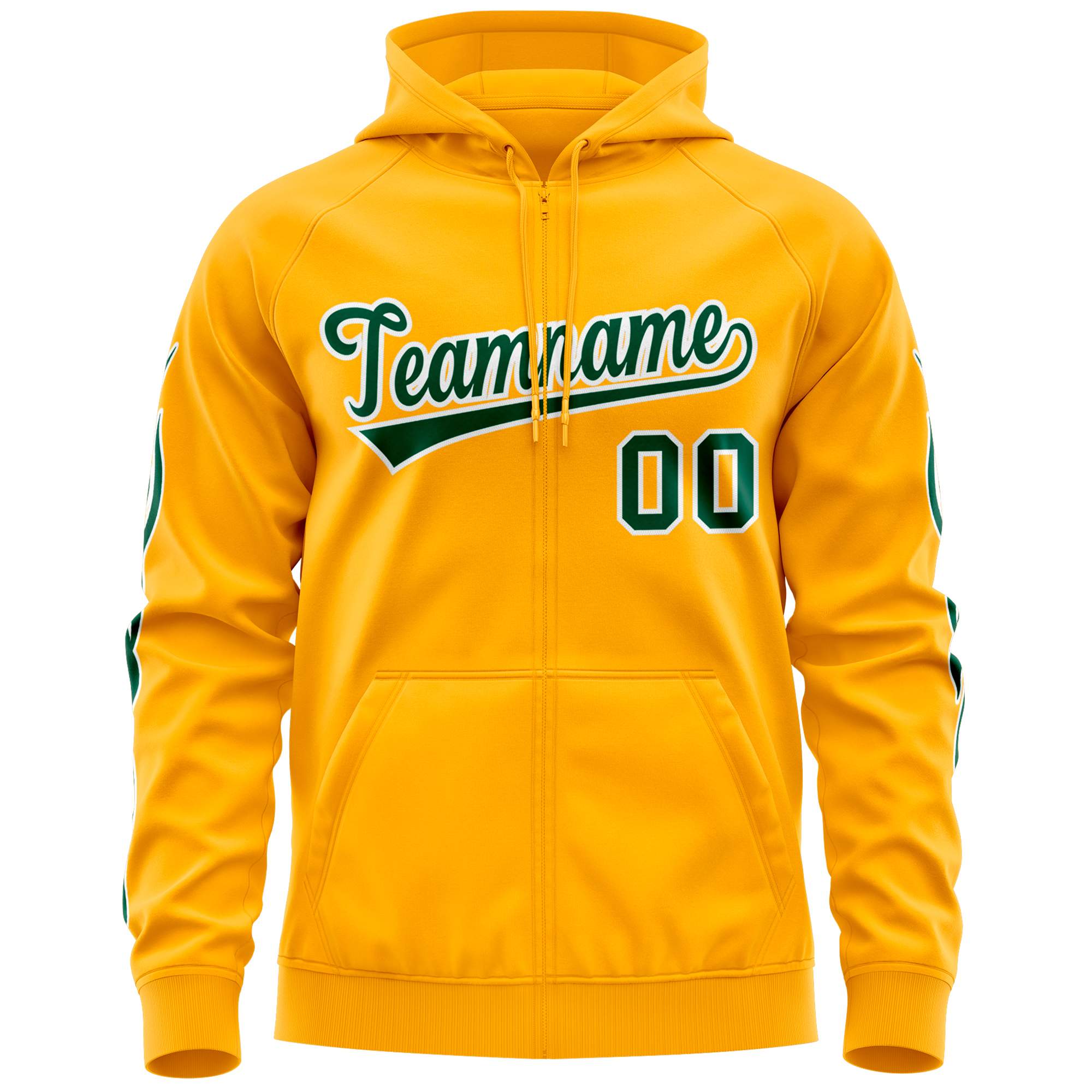 Custom Stitched Gold Green Sports Full-Zip Sweatshirt Hoodie with Flame