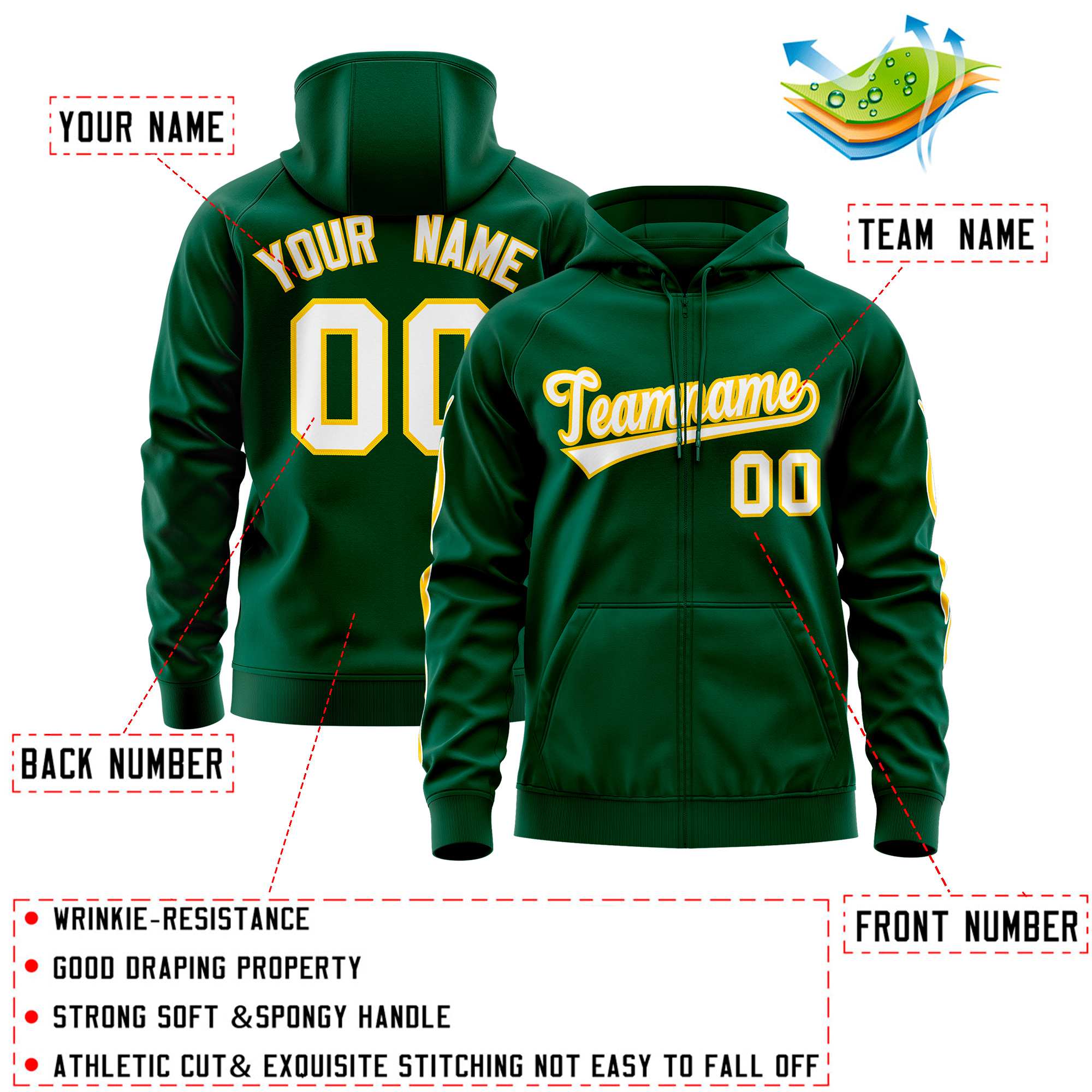 Custom Stitched Green White Sports Full-Zip Sweatshirt Hoodie with Flame