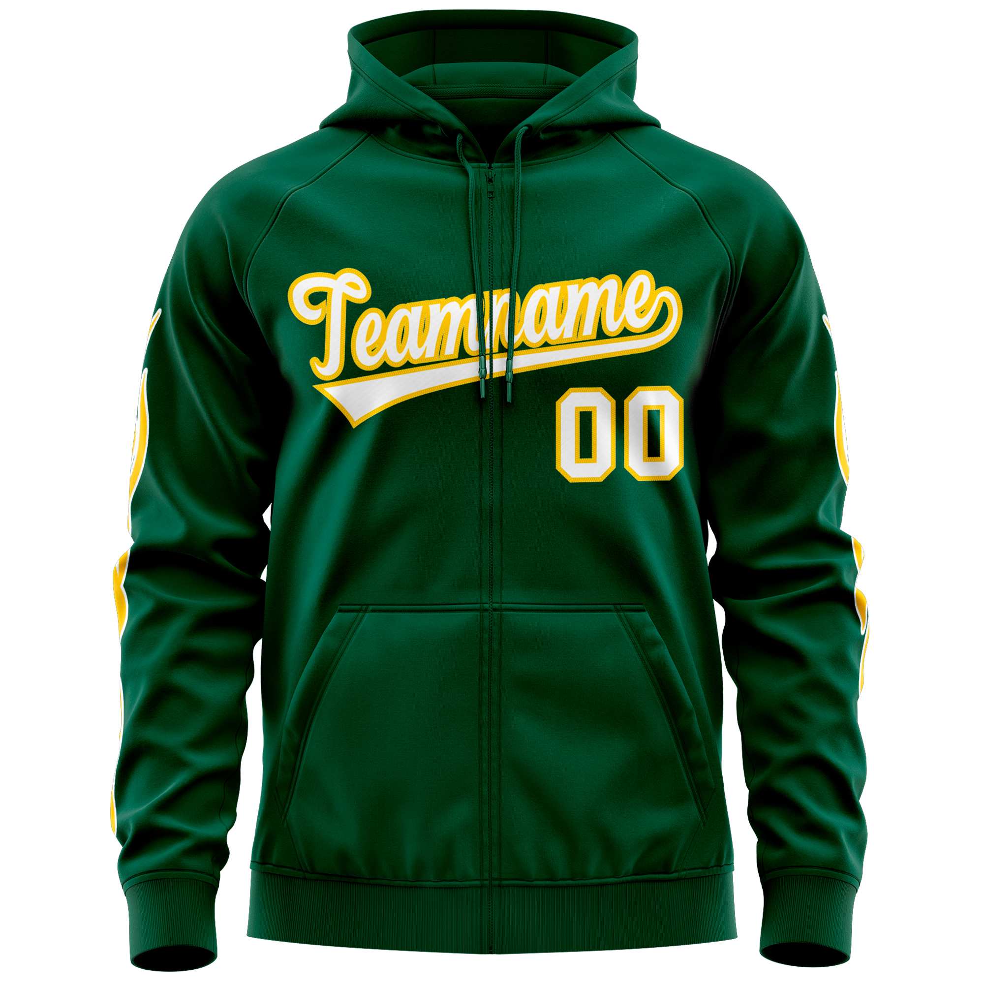 Custom Stitched Green White Sports Full-Zip Sweatshirt Hoodie with Flame