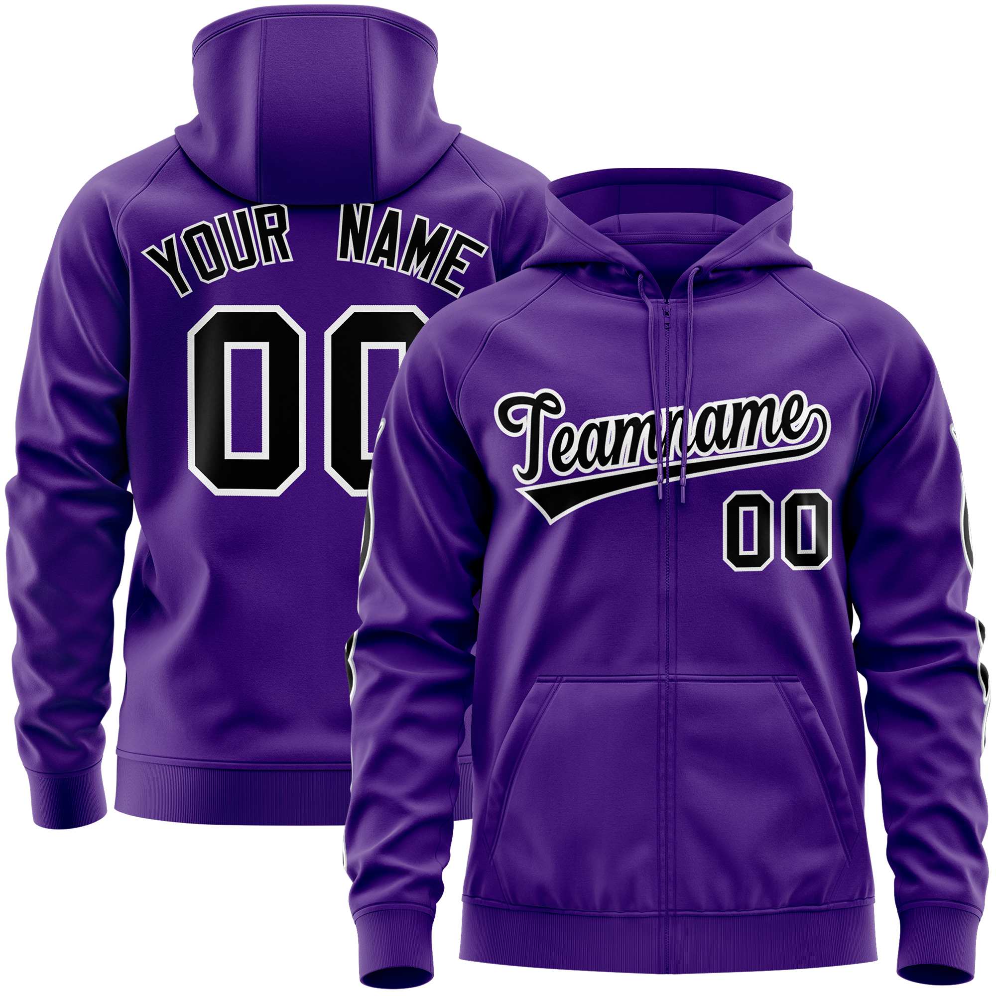 Custom Stitched Purple Black Sports Full-Zip Sweatshirt Hoodie with Flame