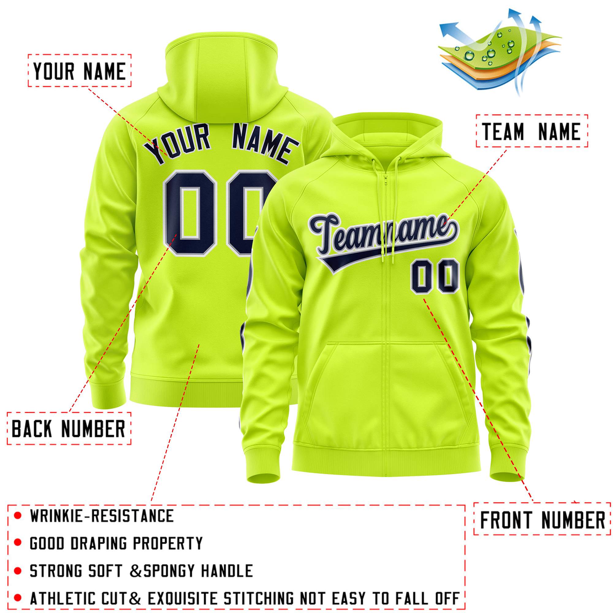 Custom Stitched Neon Green Navy Sports Full-Zip Sweatshirt Hoodie with Flame