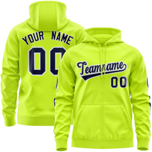 Custom Stitched Neon Green Navy Sports Full-Zip Sweatshirt Hoodie with Flame