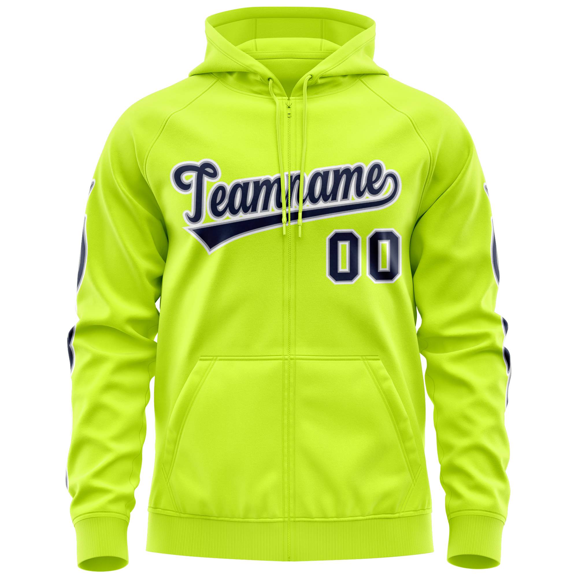 Custom Stitched Neon Green Navy Sports Full-Zip Sweatshirt Hoodie with Flame