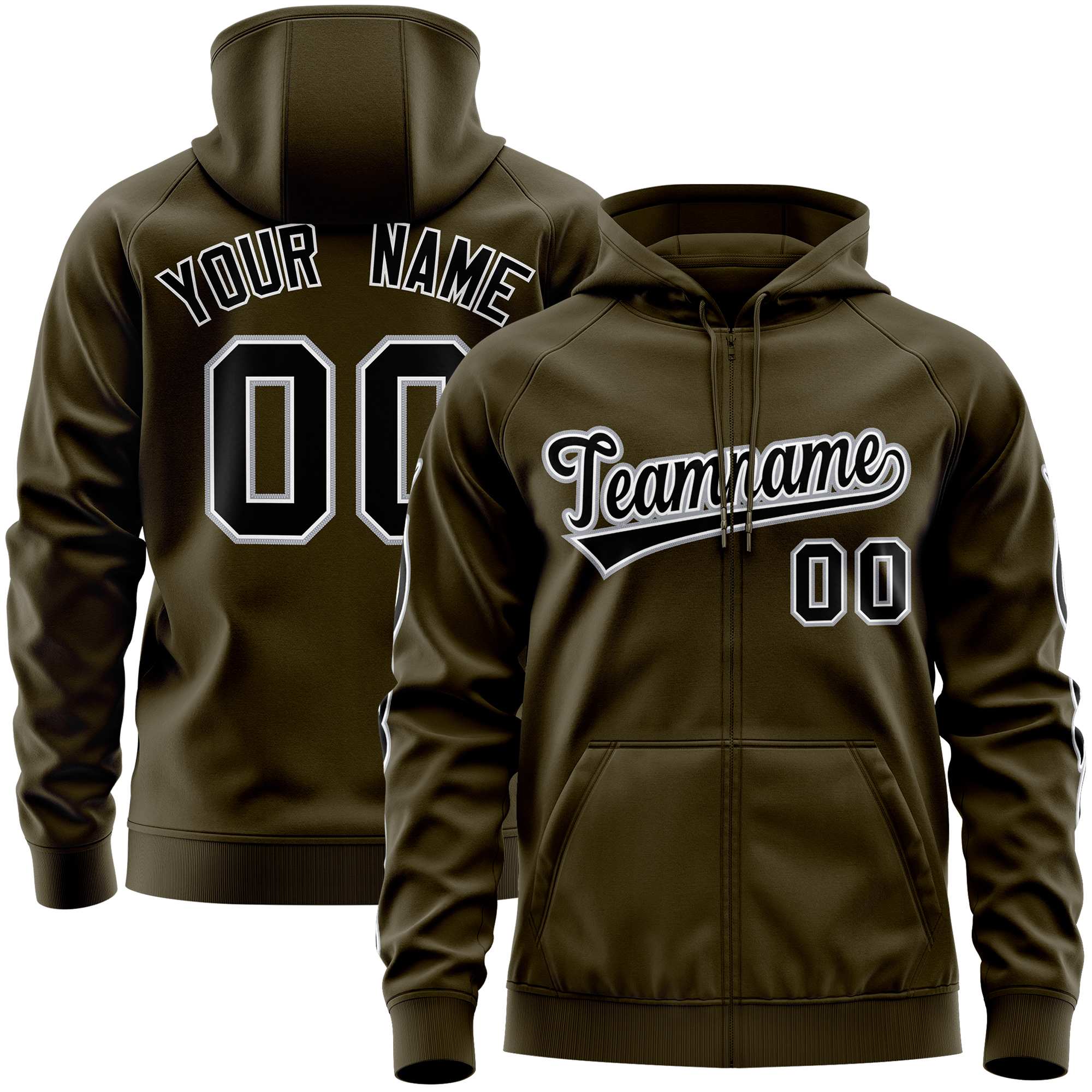 Custom Stitched Olive Black Sports Full-Zip Sweatshirt Hoodie with Flame