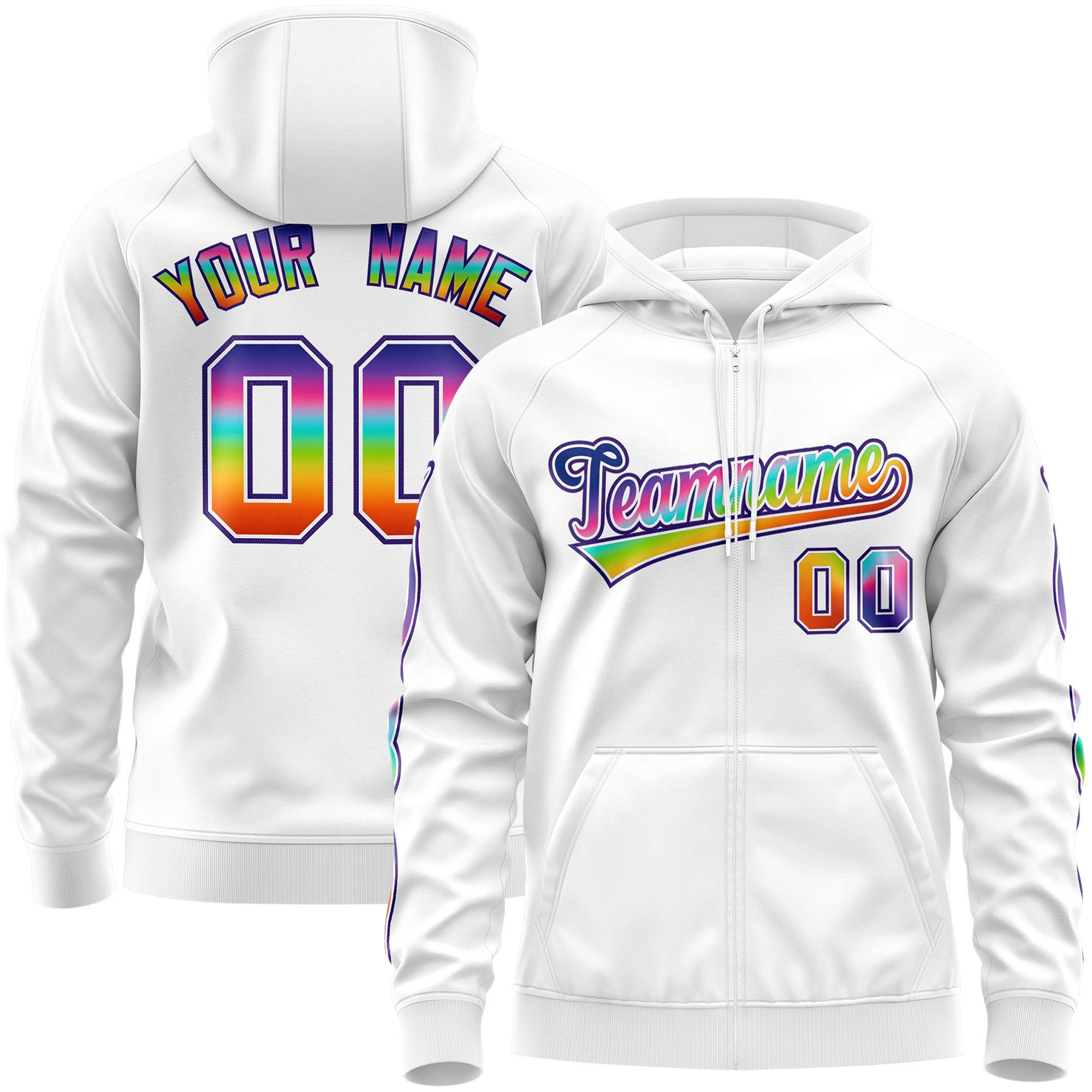 Custom Stitched White Purple Sports Full-Zip Sweatshirt Hoodie with Colored Flames