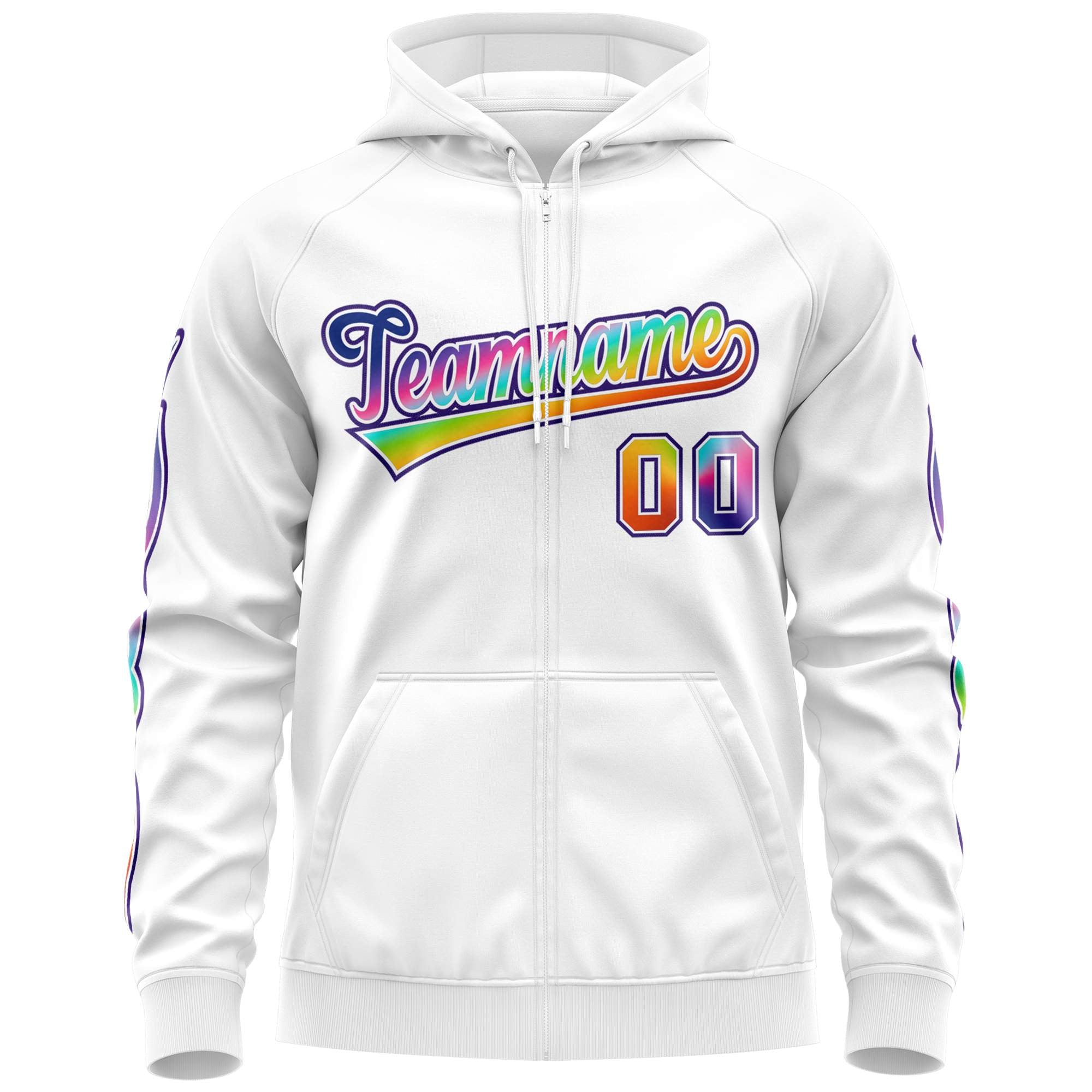 Custom Stitched White Purple Sports Full-Zip Sweatshirt Hoodie with Colored Flames