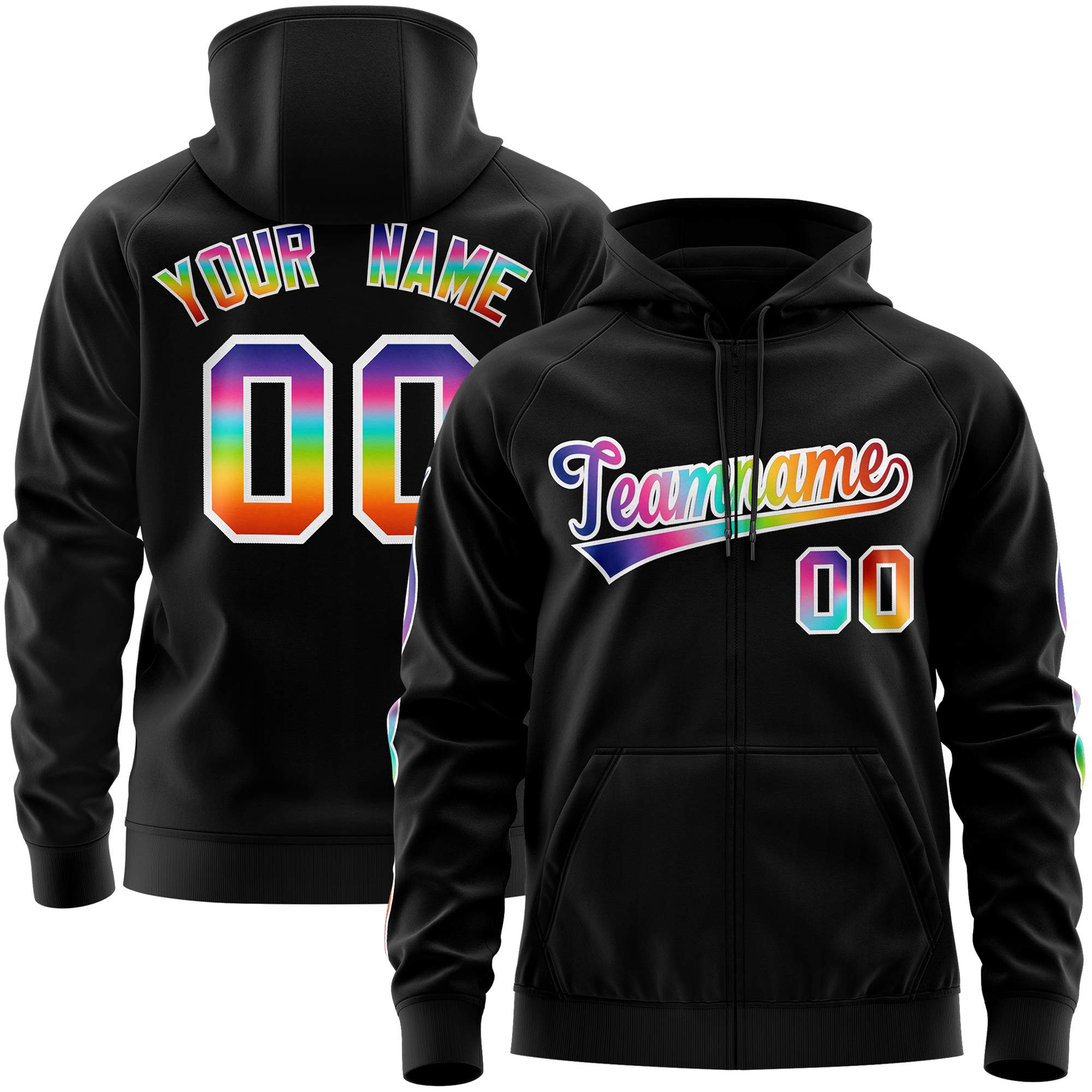 Custom Stitched Black White Sports Full-Zip Sweatshirt Hoodie with Colored Flames