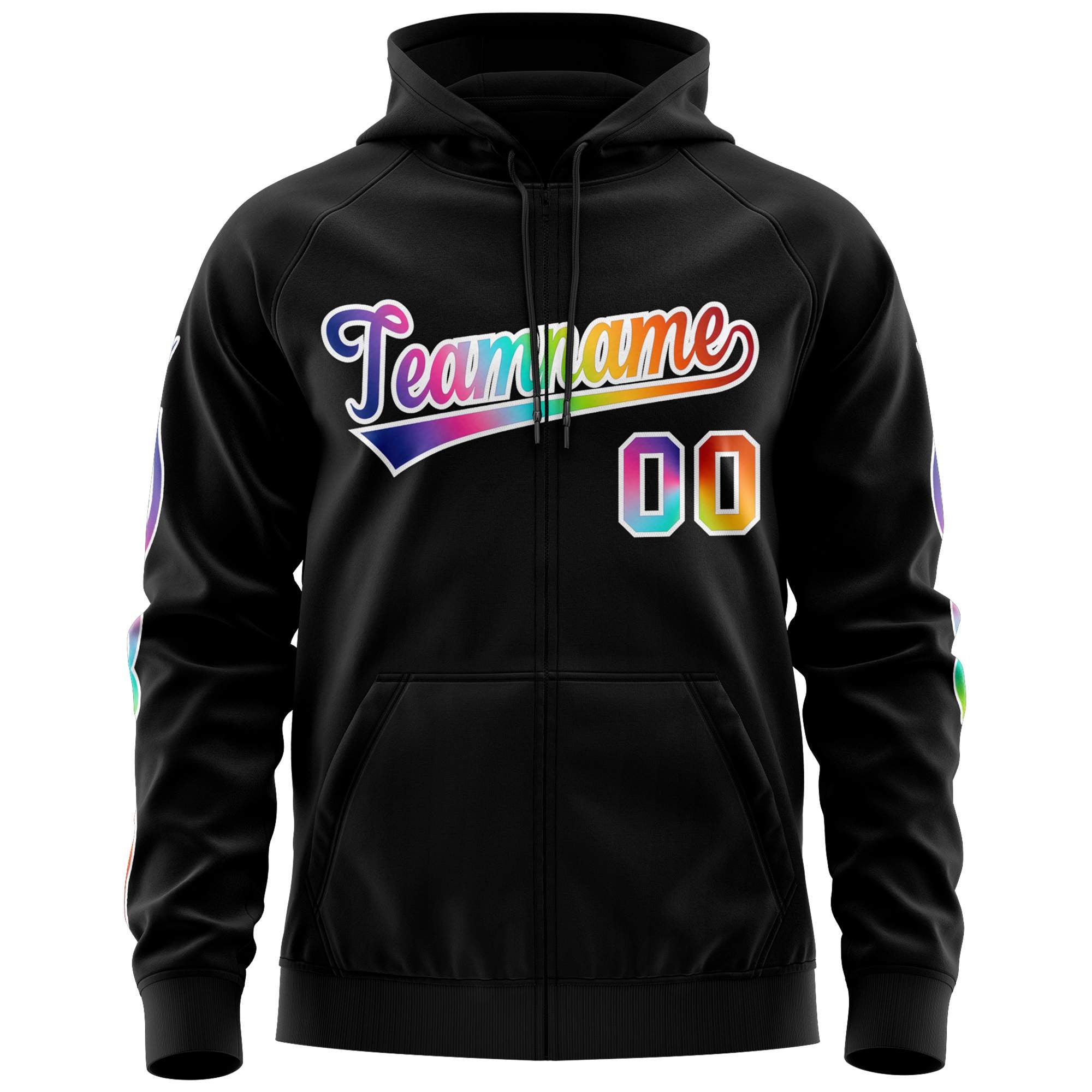 Custom Stitched Black White Sports Full-Zip Sweatshirt Hoodie with Colored Flames