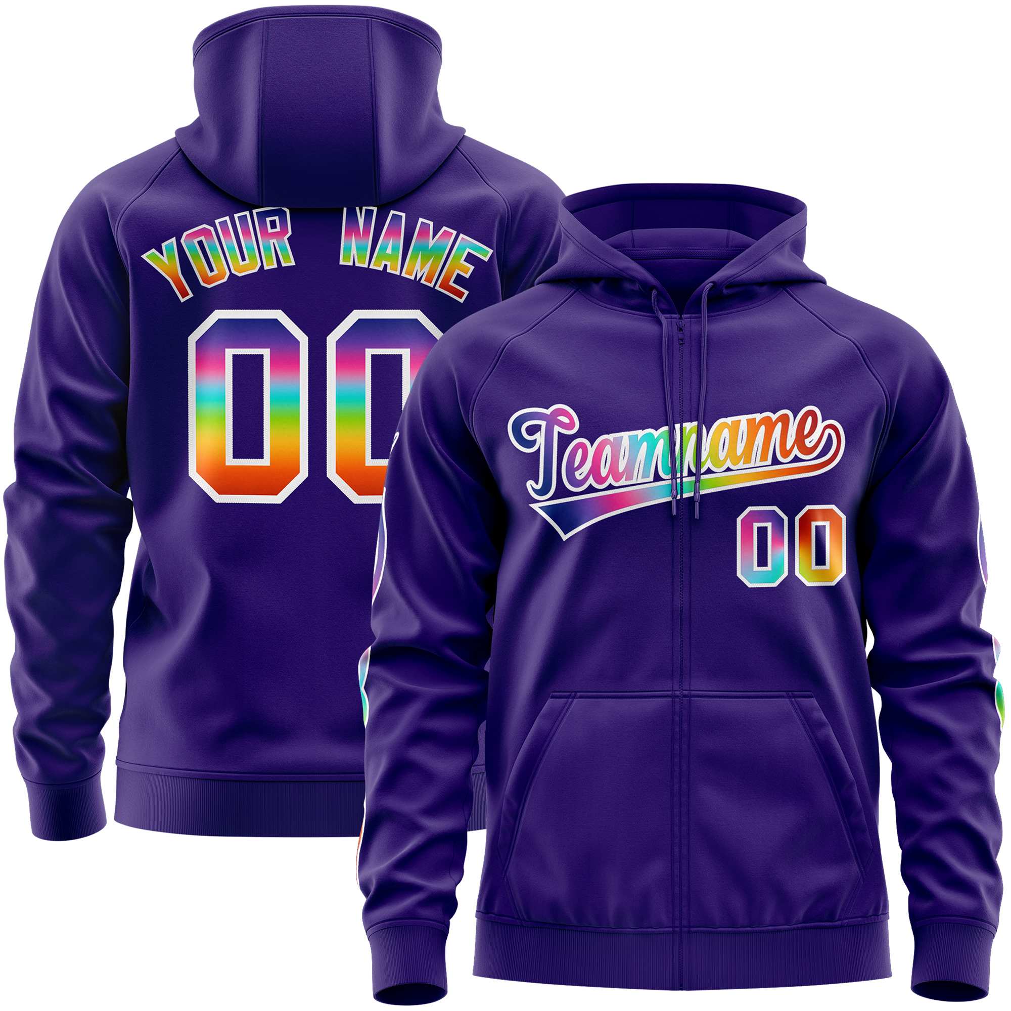 Custom Stitched Purple White Sports Full-Zip Sweatshirt Hoodie with Colored Flames