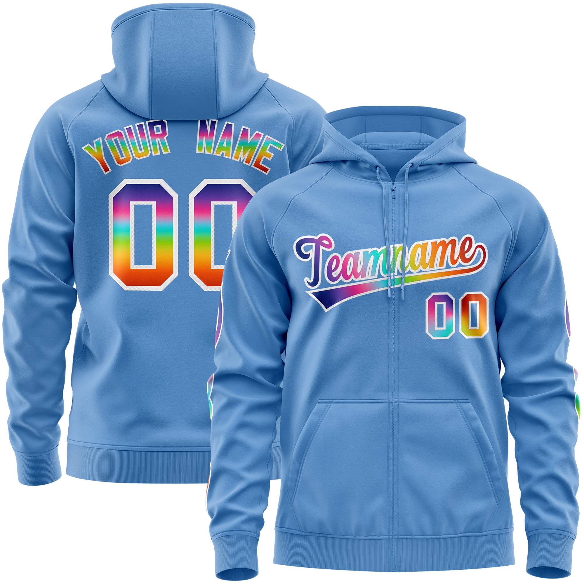 Custom Stitched Light Blue White Sports Full-Zip Sweatshirt Hoodie with Colored Flames