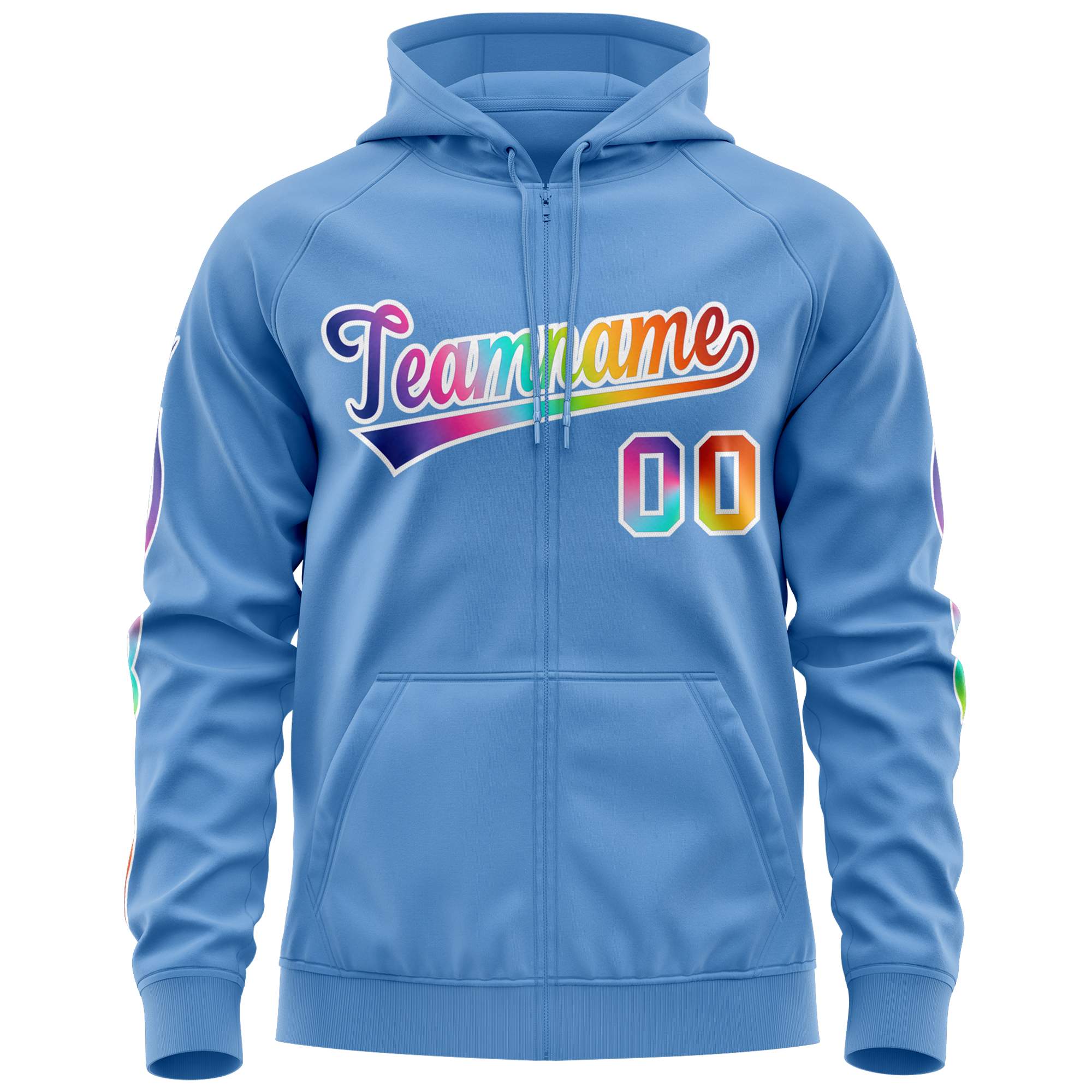 Custom Stitched Light Blue White Sports Full-Zip Sweatshirt Hoodie with Colored Flames