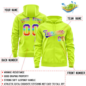 Custom Stitched Neon Green White Sports Full-Zip Sweatshirt Hoodie with Colored Flames