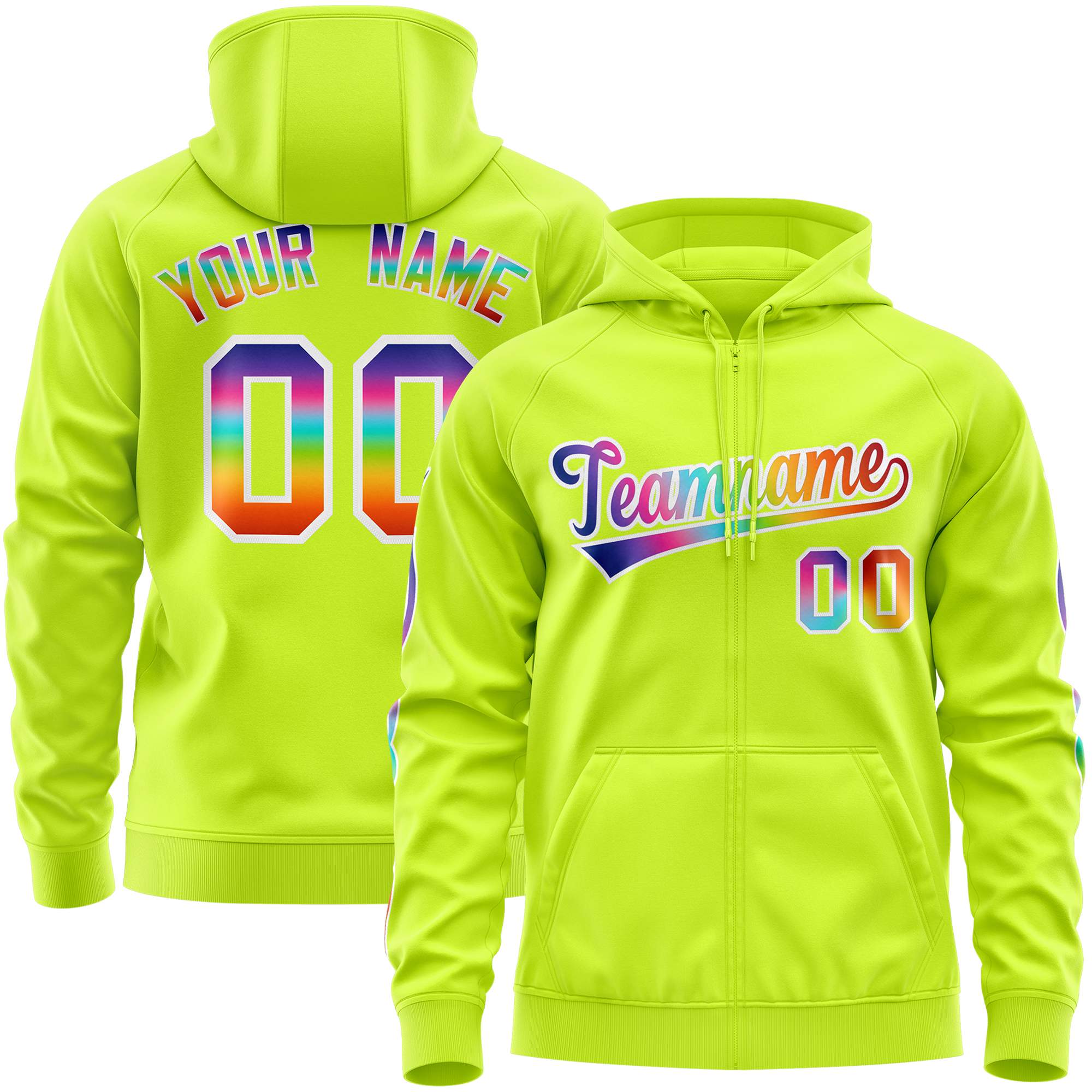 Custom Stitched Neon Green White Sports Full-Zip Sweatshirt Hoodie with Colored Flames