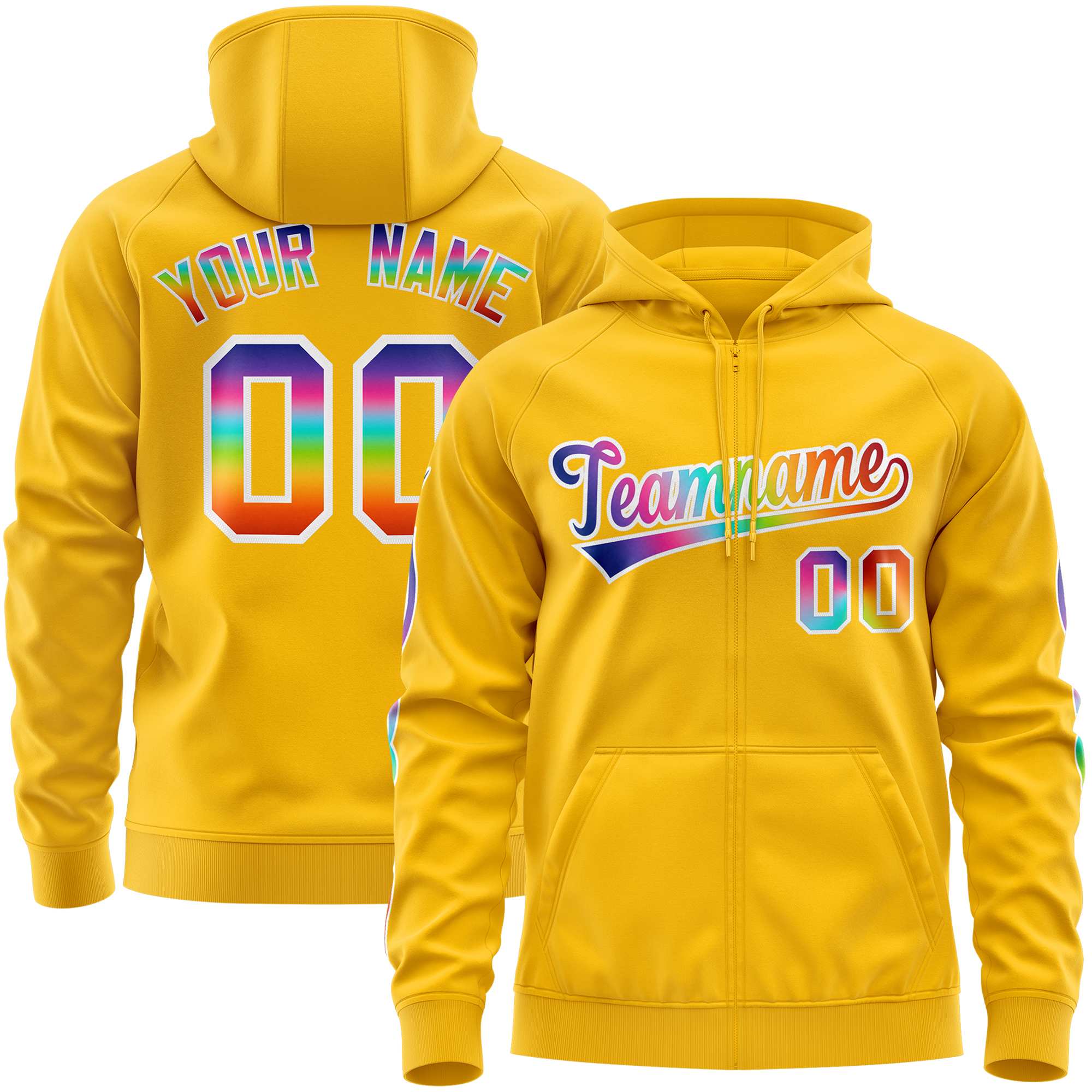 Custom Stitched Gold White Sports Full-Zip Sweatshirt Hoodie with Colored Flames