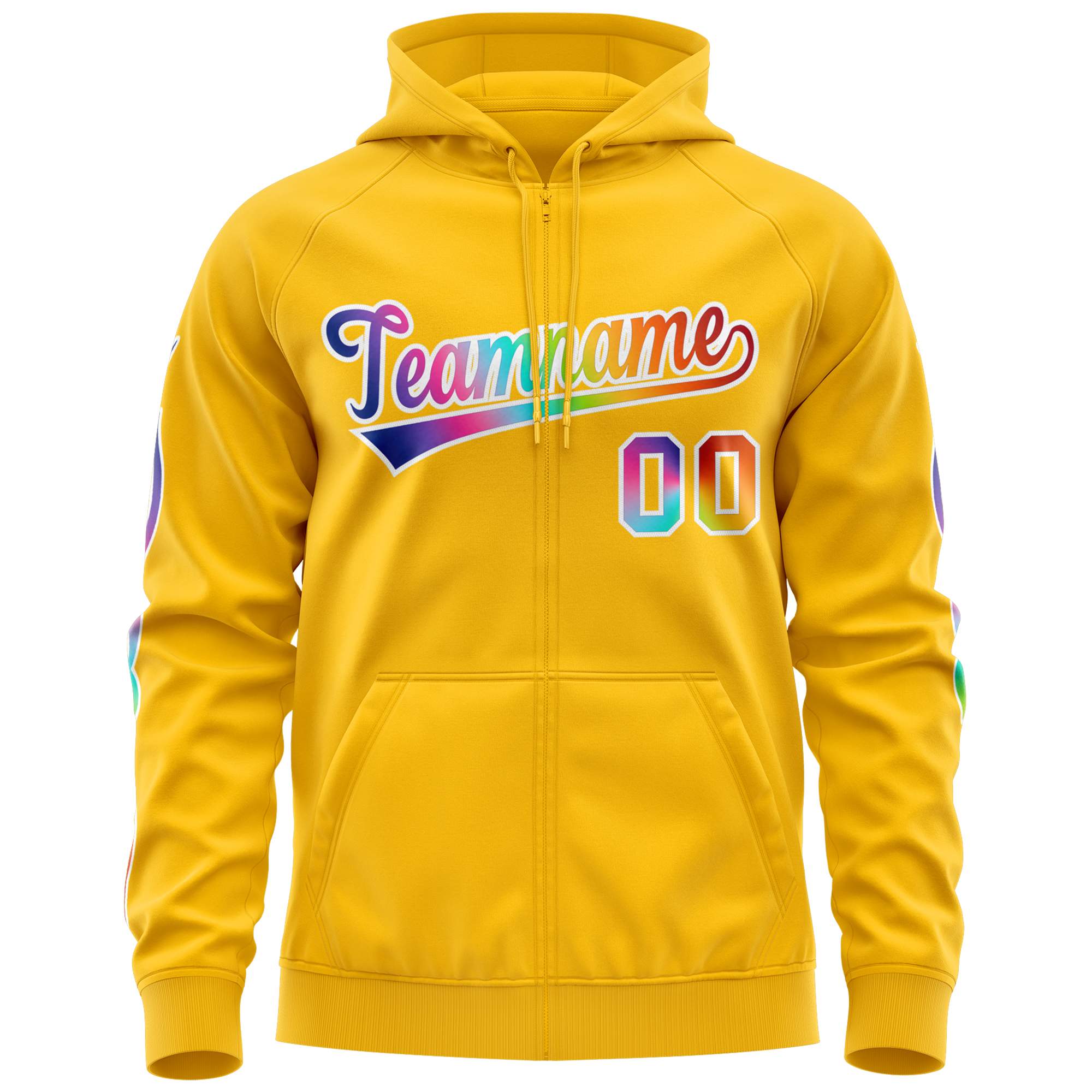 Custom Stitched Gold White Sports Full-Zip Sweatshirt Hoodie with Colored Flames