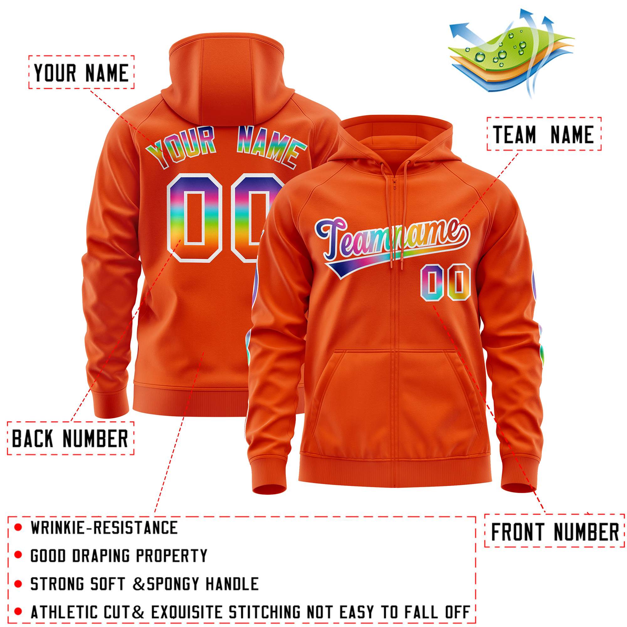 Custom Stitched Orange White Sports Full-Zip Sweatshirt Hoodie with Colored Flames