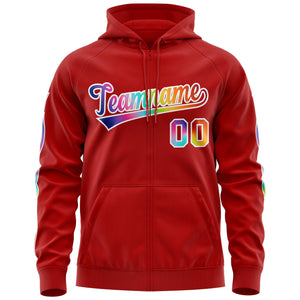 Custom Stitched Red White Sports Full-Zip Sweatshirt Hoodie with Colored Flames