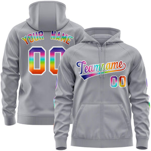 Custom Stitched Gray White Sports Full-Zip Sweatshirt Hoodie with Colored Flames