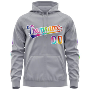 Custom Stitched Gray White Sports Full-Zip Sweatshirt Hoodie with Colored Flames