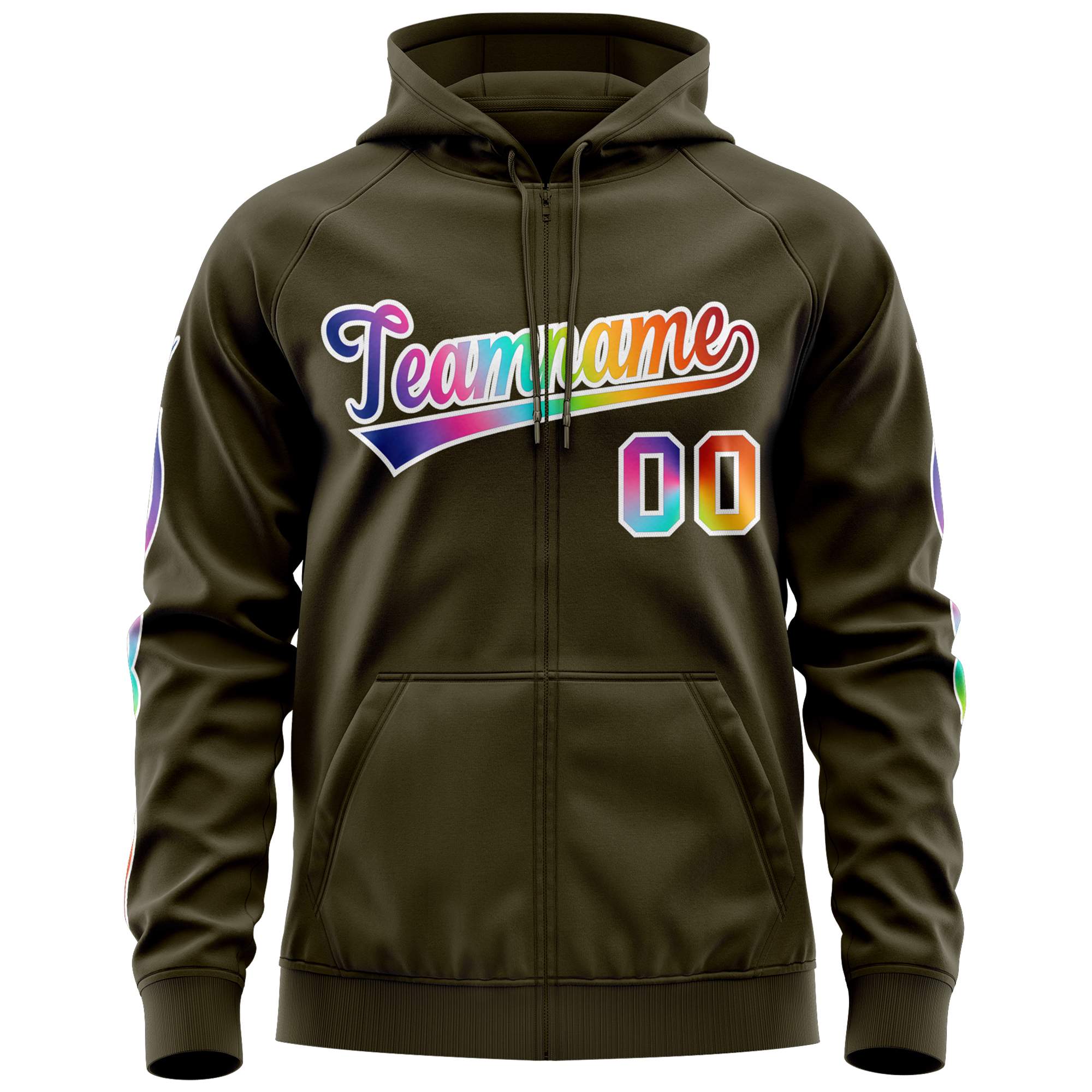 Custom Stitched Olive White Sports Full-Zip Sweatshirt Hoodie with Colored Flames