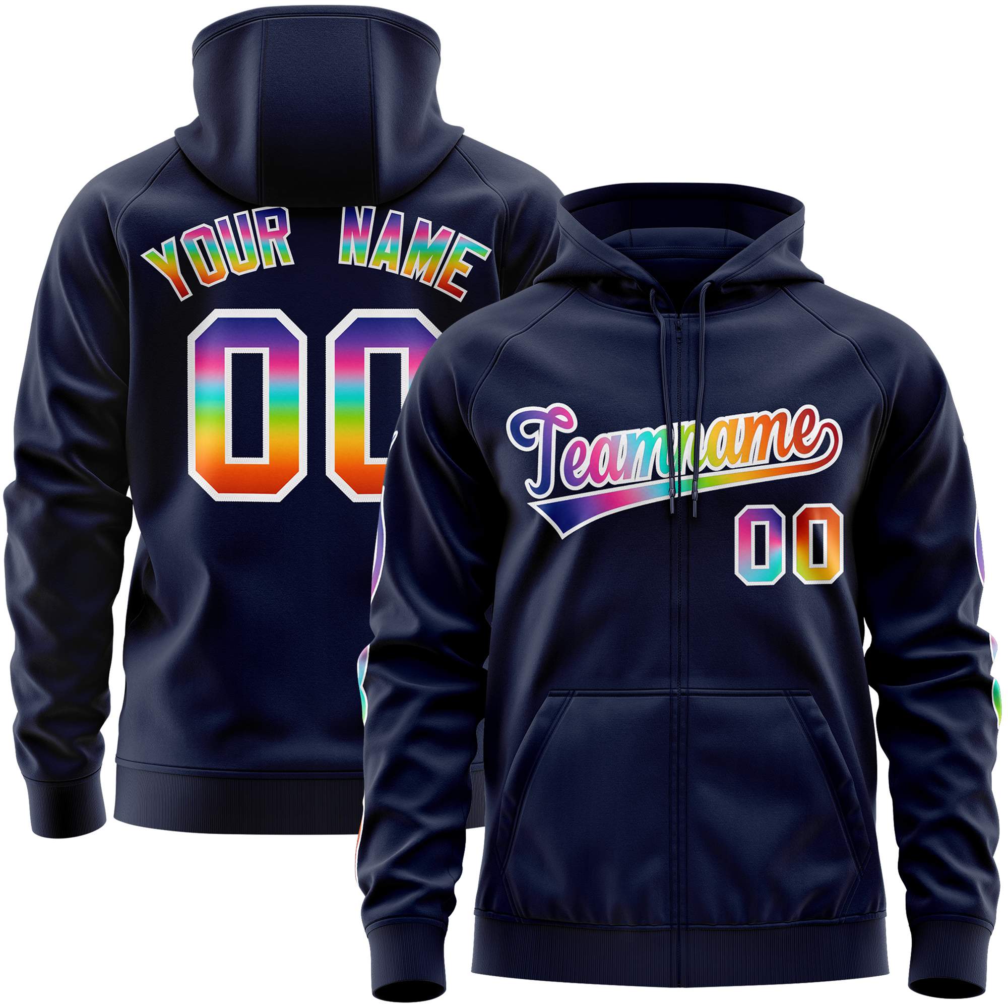 Custom Stitched Navy White Sports Full-Zip Sweatshirt Hoodie with Colored Flames