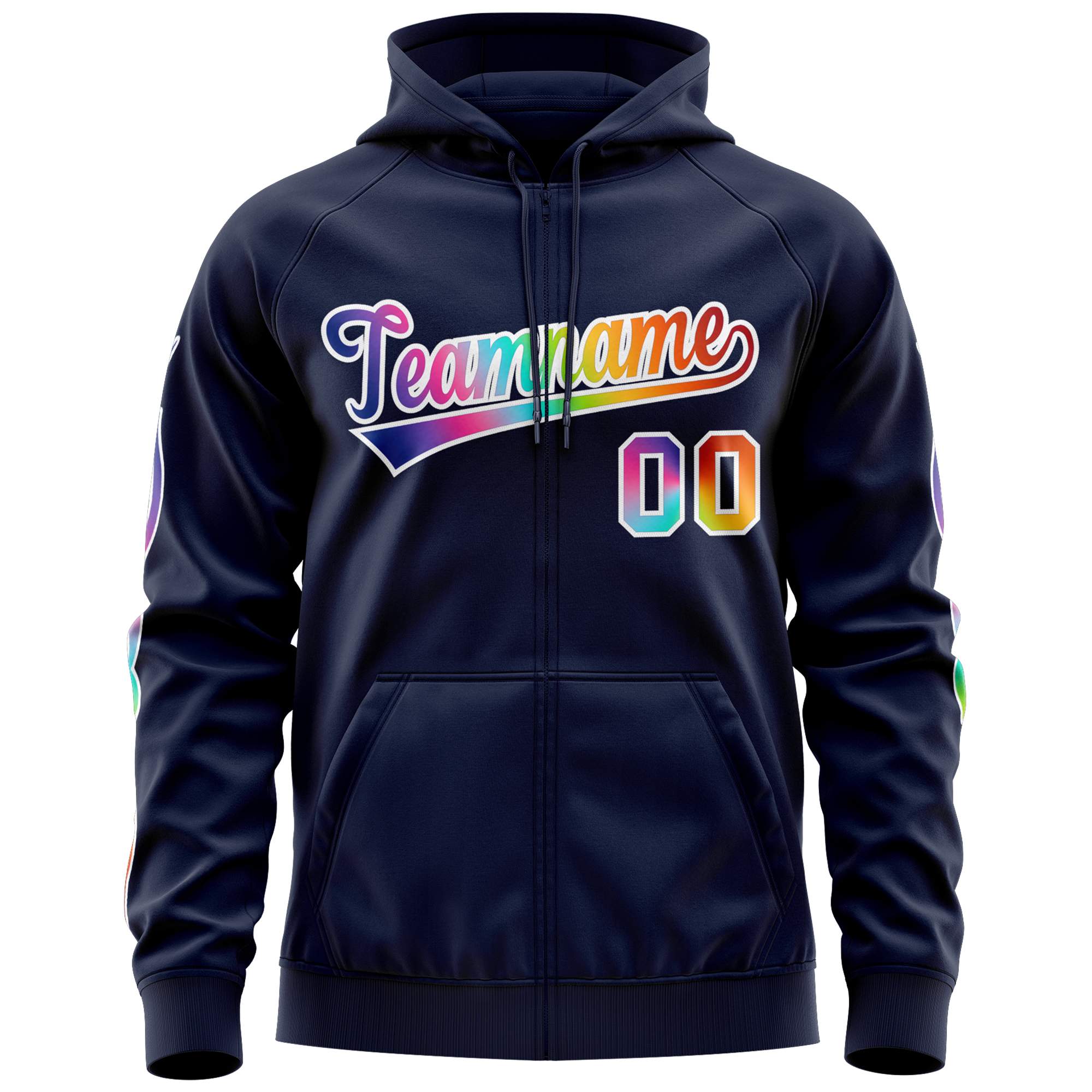 Custom Stitched Navy White Sports Full-Zip Sweatshirt Hoodie with Colored Flames