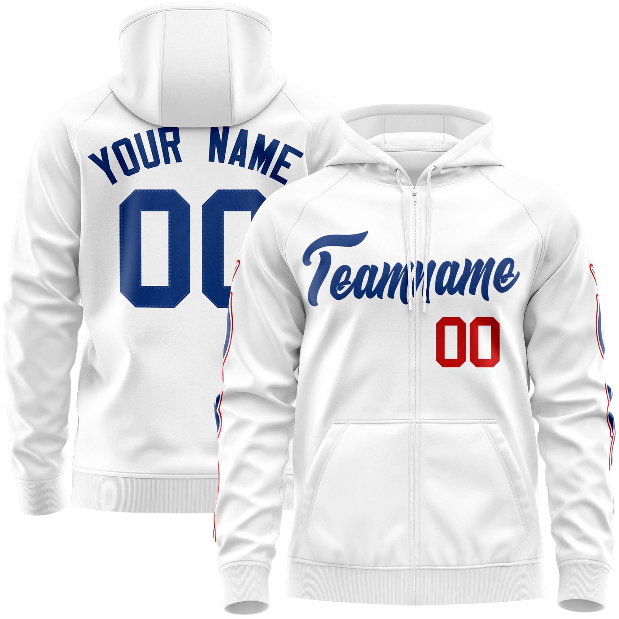 Custom Stitched White Royal Sports Full-Zip Sweatshirt Hoodie with Flame