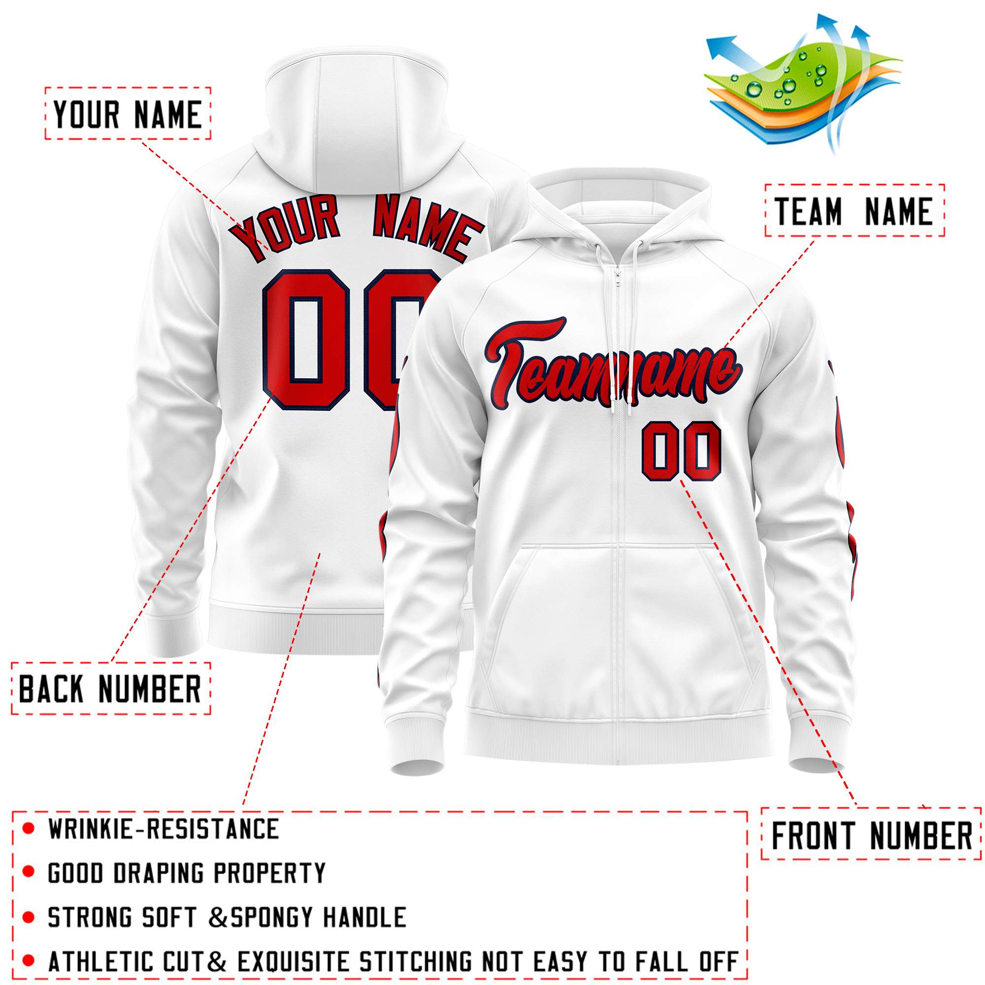 Custom Stitched White Red Sports Full-Zip Sweatshirt Hoodie with Flame