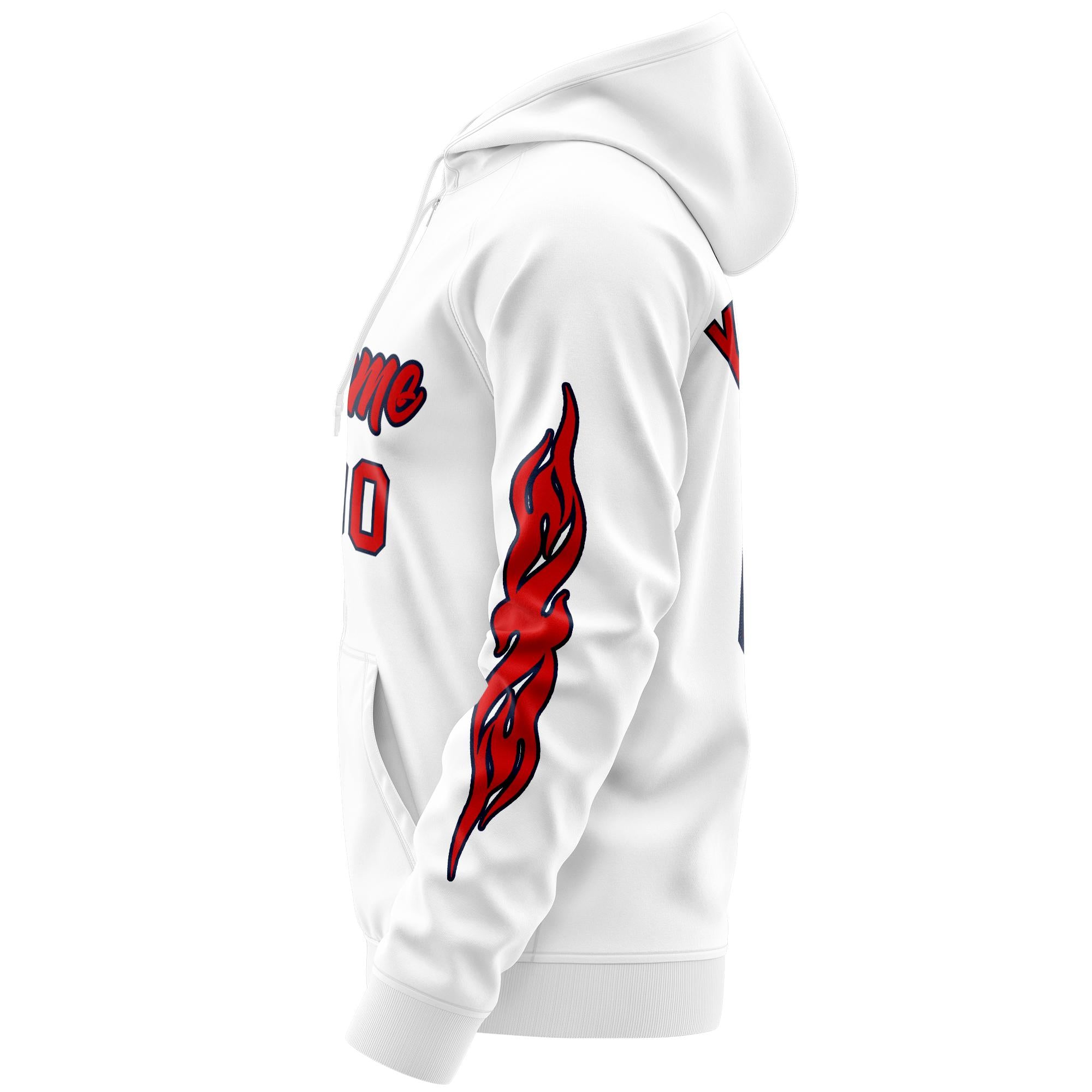 Custom Stitched White Red Sports Full-Zip Sweatshirt Hoodie with Flame