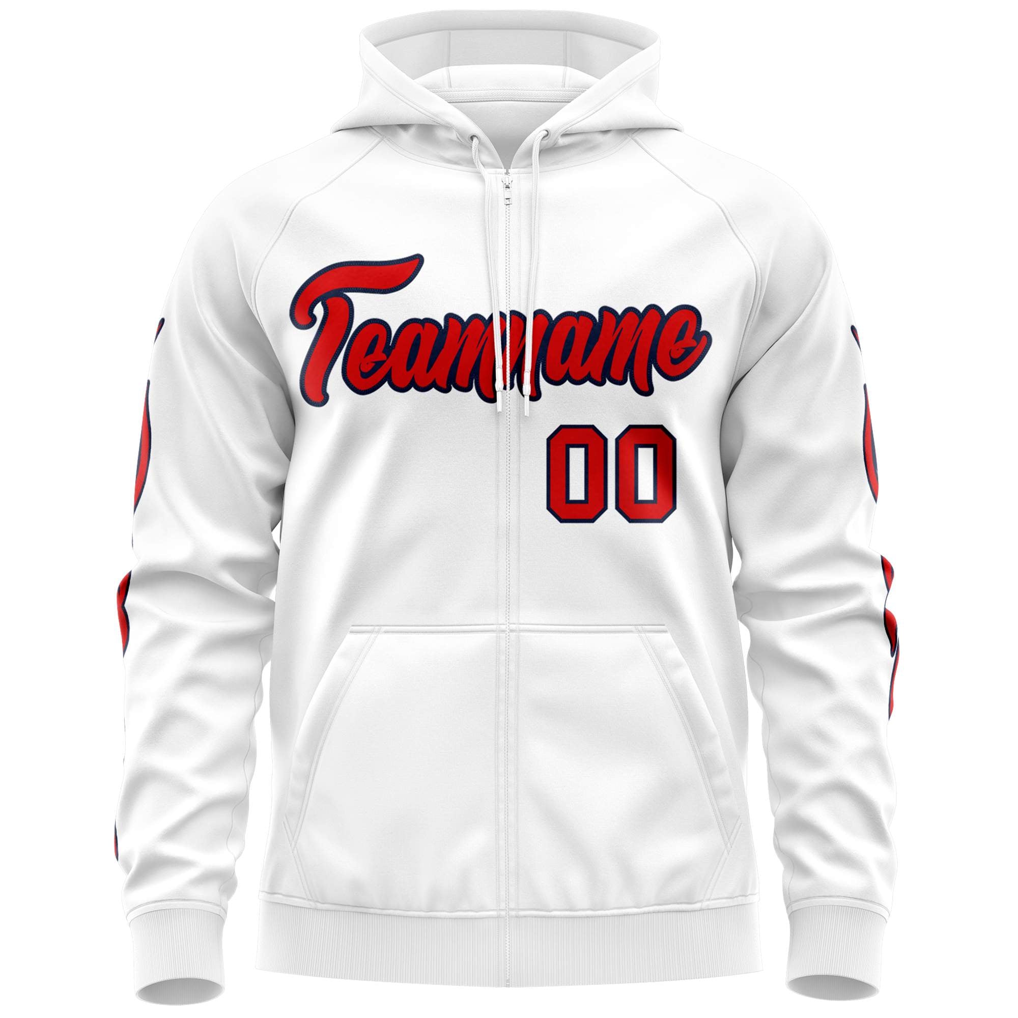 Custom Stitched White Red Sports Full-Zip Sweatshirt Hoodie with Flame