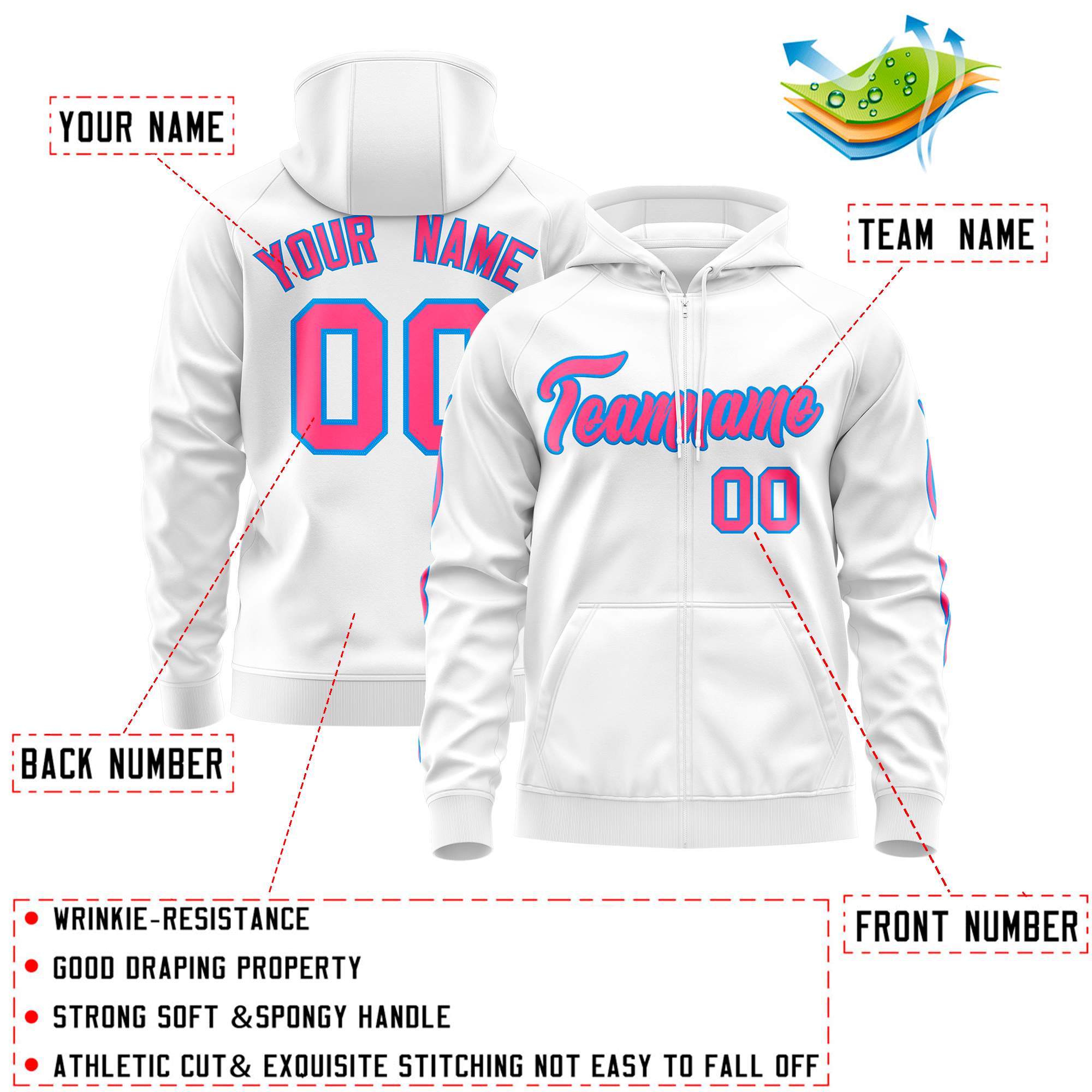 Custom Stitched White Pink Sports Full-Zip Sweatshirt Hoodie with Flame