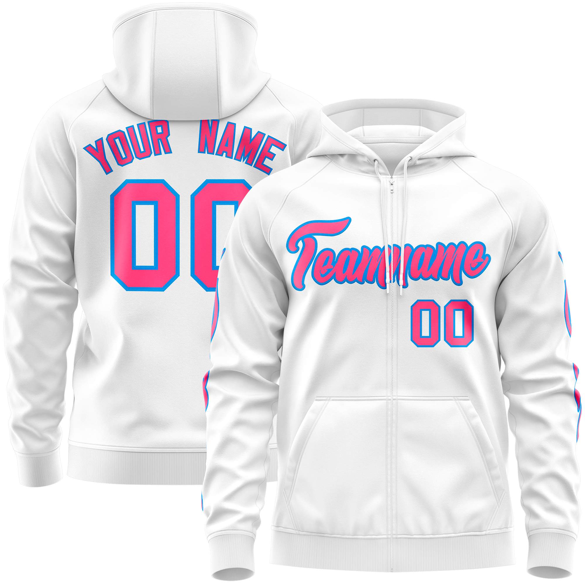 Custom Stitched White Pink Sports Full-Zip Sweatshirt Hoodie with Flame