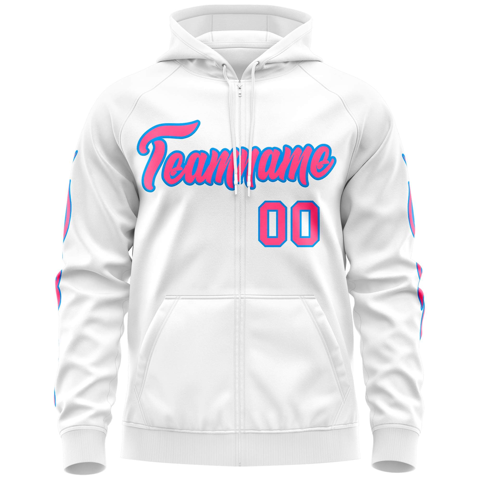 Custom Stitched White Pink Sports Full-Zip Sweatshirt Hoodie with Flame